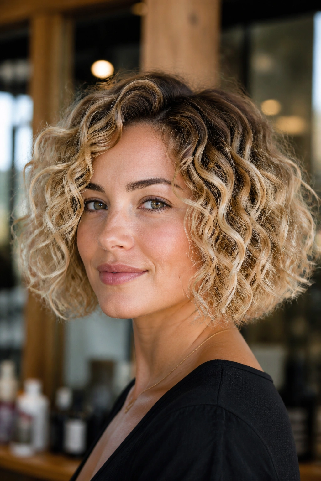 Close-up of a real woman with a shadow-root curly bob and bright blonde ends in a sunlit salon.