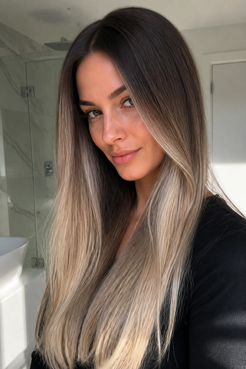 Portrait of smooth straight hair with cool brown shadow root and icy beige ends