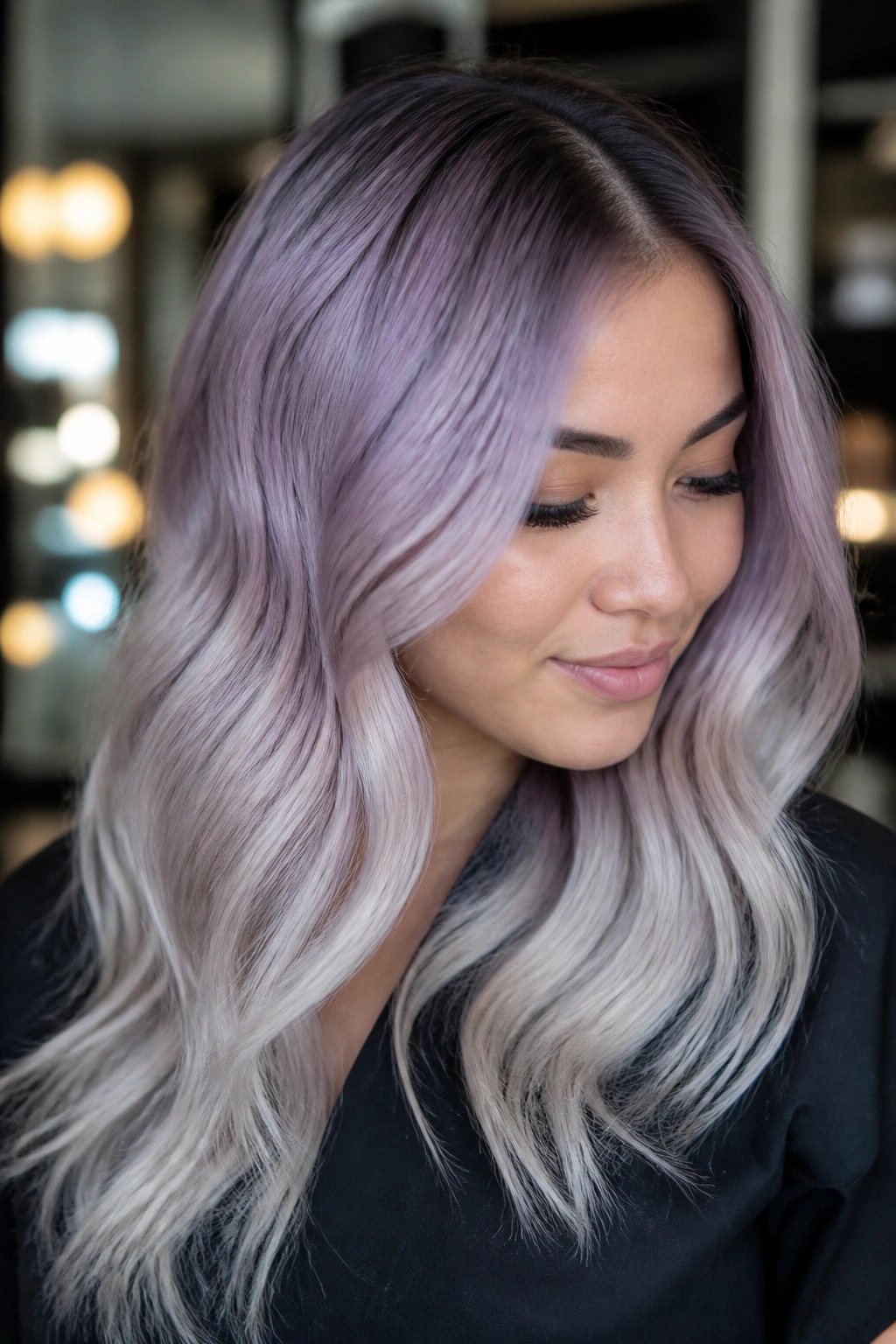 Close-up portrait of a real woman with soft lilac shadow root and silver ends