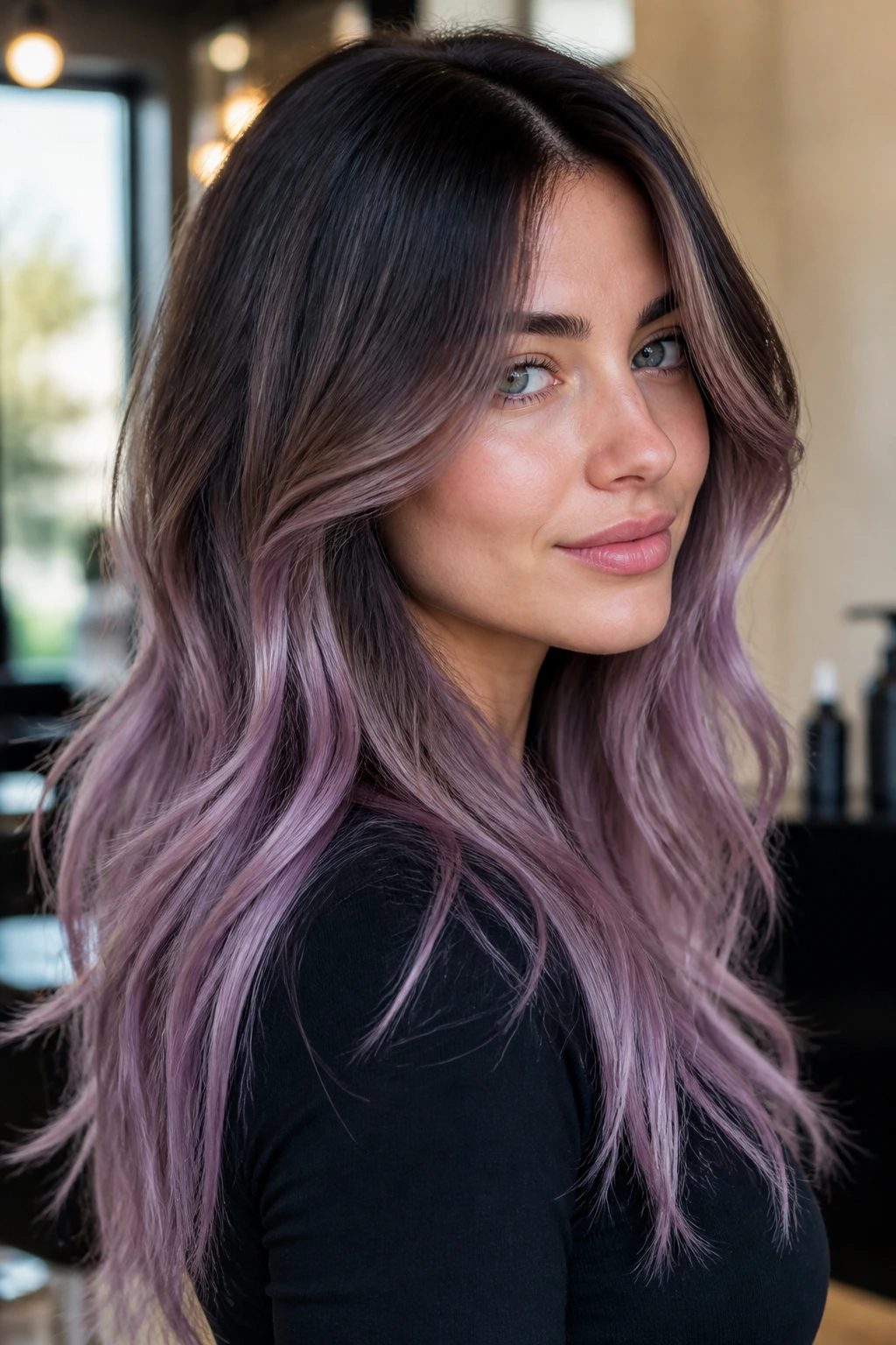 Close-up of a real woman with shadow-root lilac ombré on long layered hair