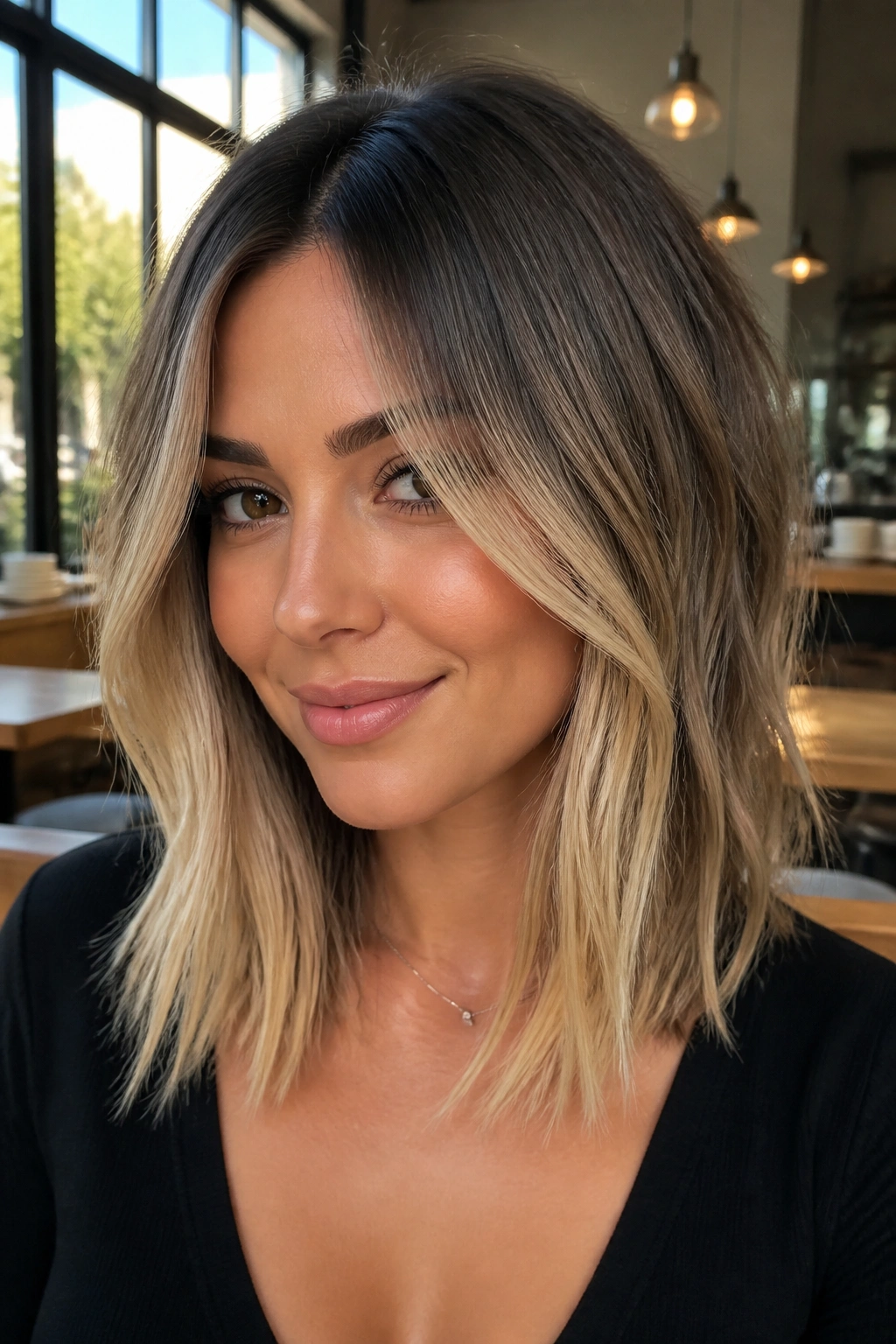 Close-up portrait of a woman with a shadow-rooted lob and buttery blonde ends.