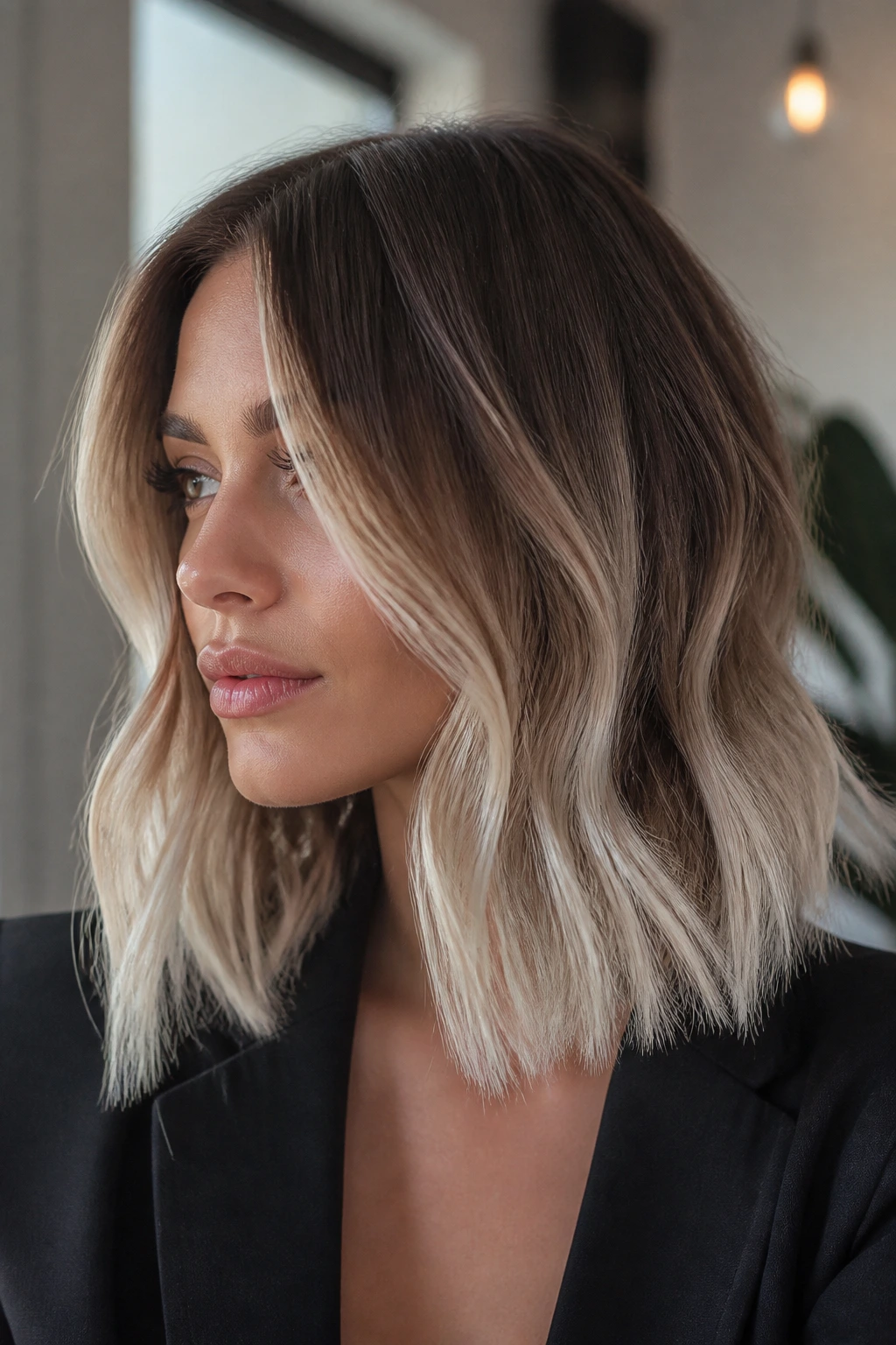 Close-up portrait of a real woman with shadow-root lob and ice-kissed ends