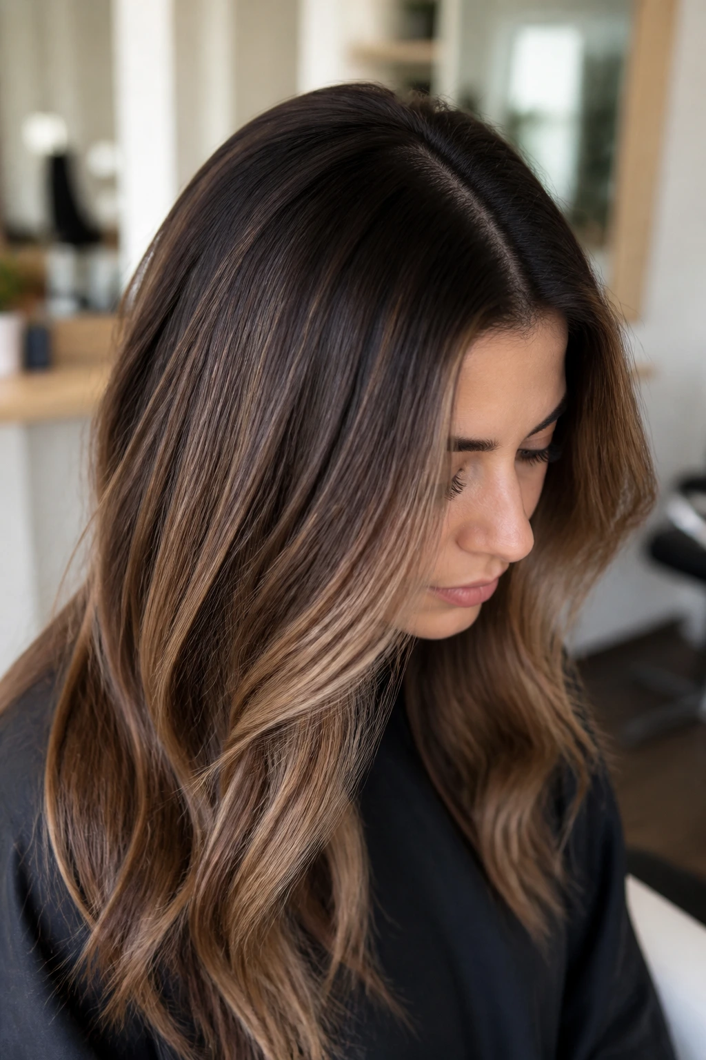 Brunette with a soft shadow root melt transitioning to lighter lengths