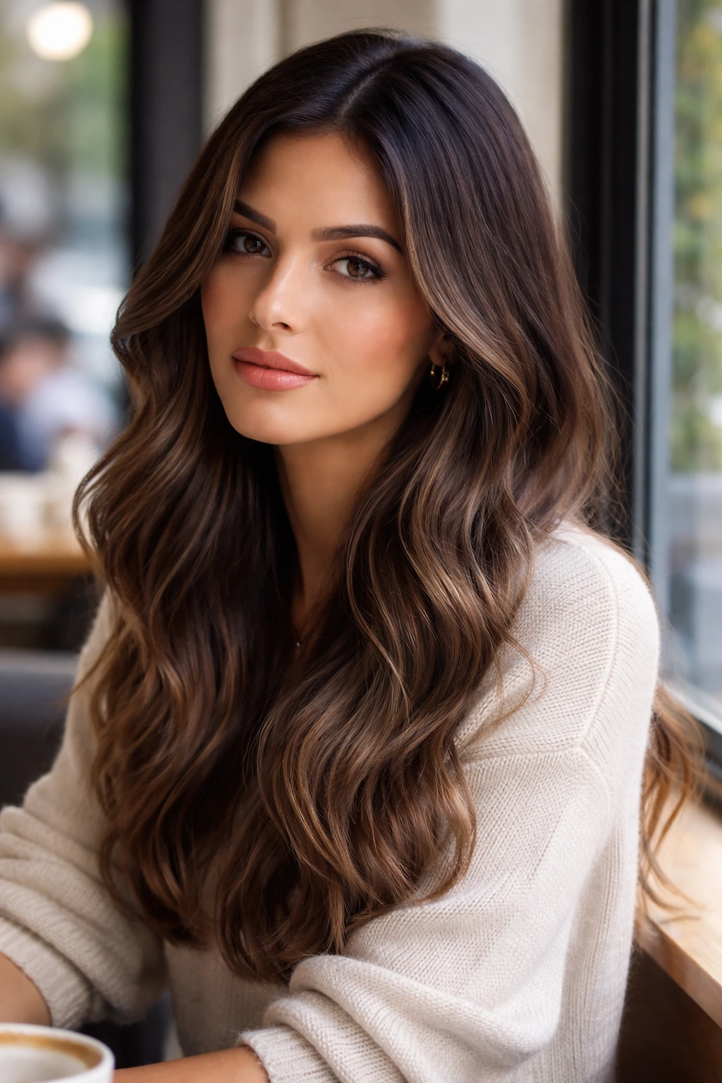 Close-up portrait of a real woman with Shadow Root Mocha hair showing gradient roots to ends