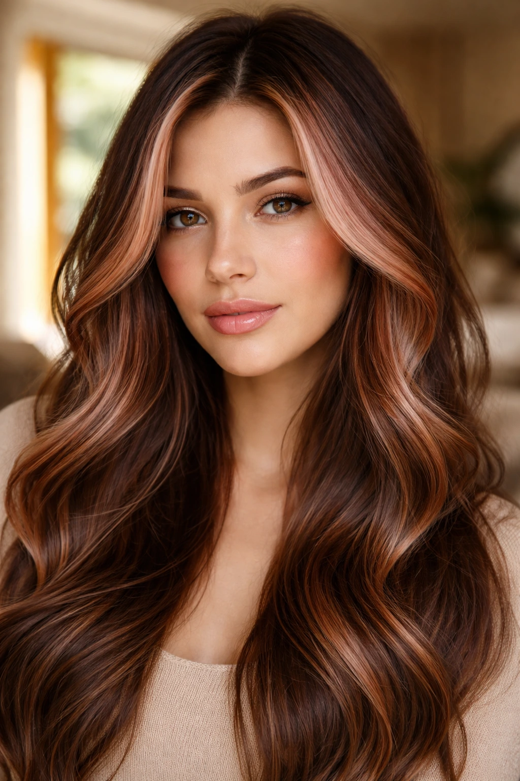 Close-up portrait of a woman with shadow-root rose gold money pieces on brown hair