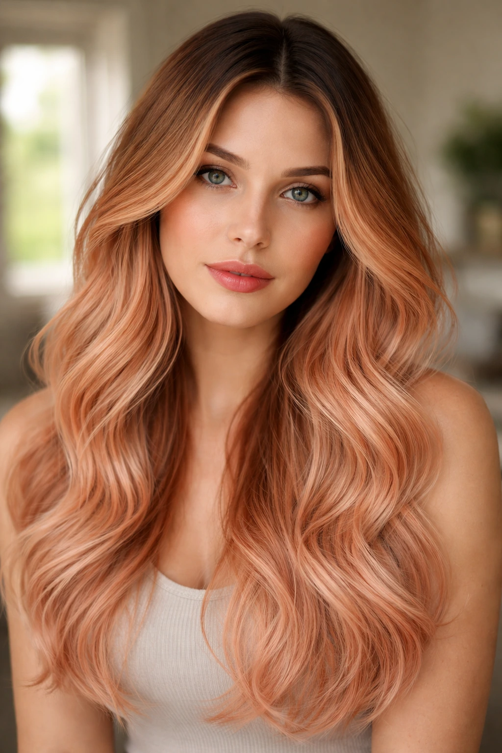 Close-up portrait of a real woman with shadow root fading into cool peach hair, natural window light