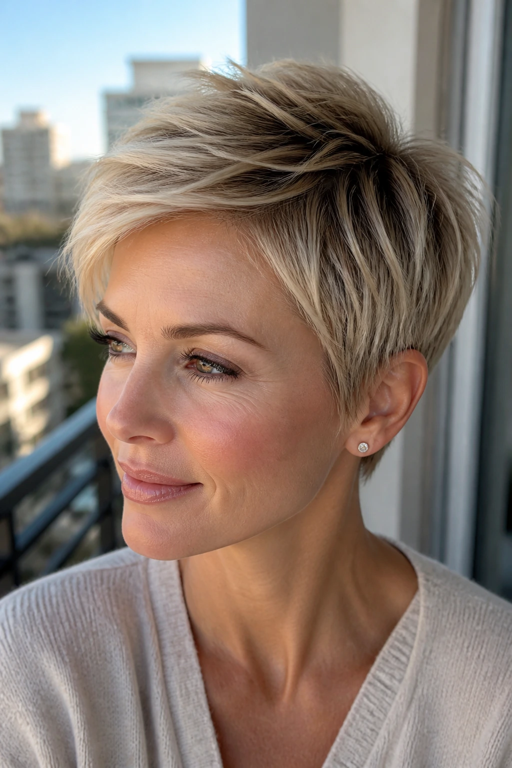 Real woman with shadow-root beige pixie showing crown depth