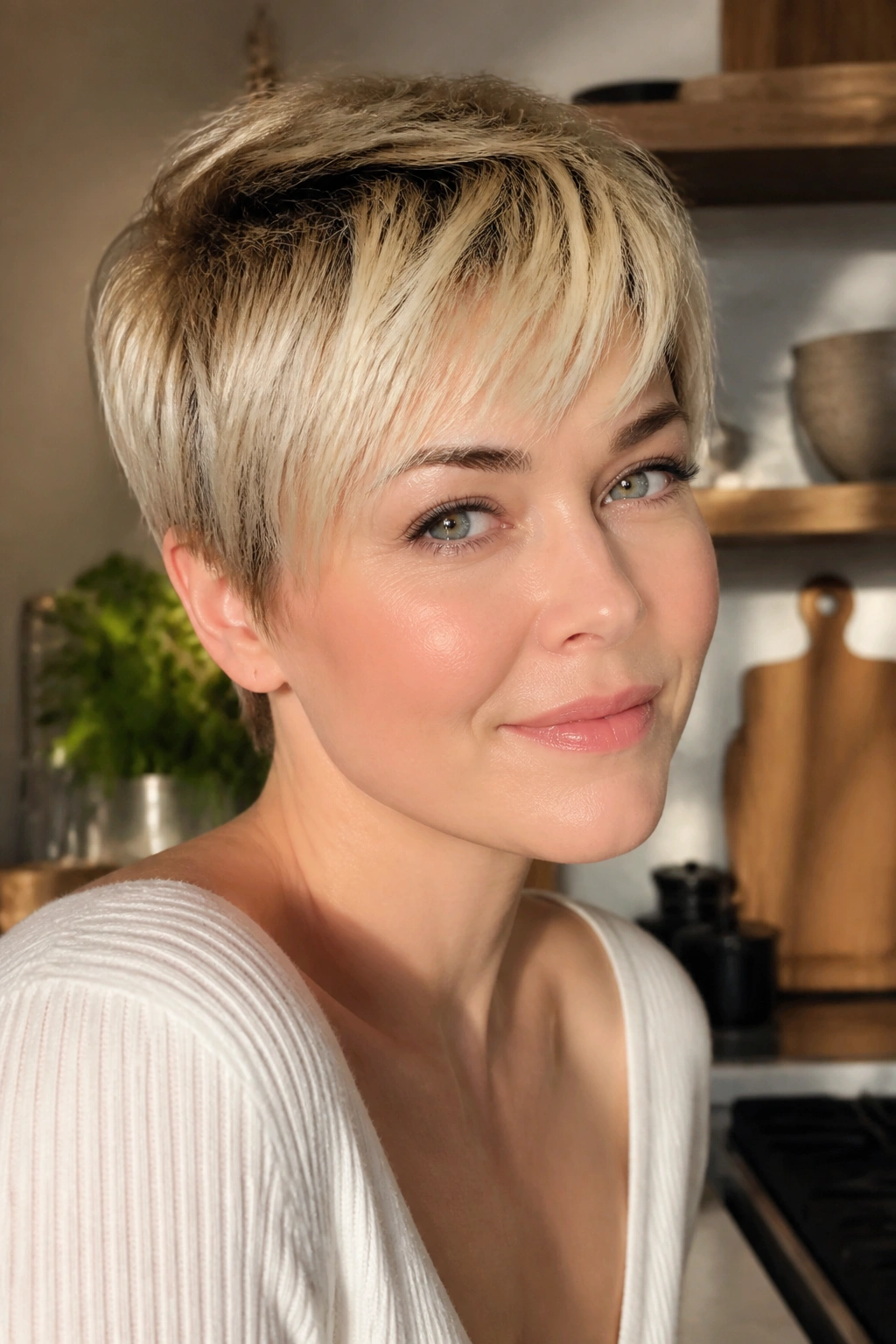 Portrait of real woman with shadow-root pixie showing darker roots