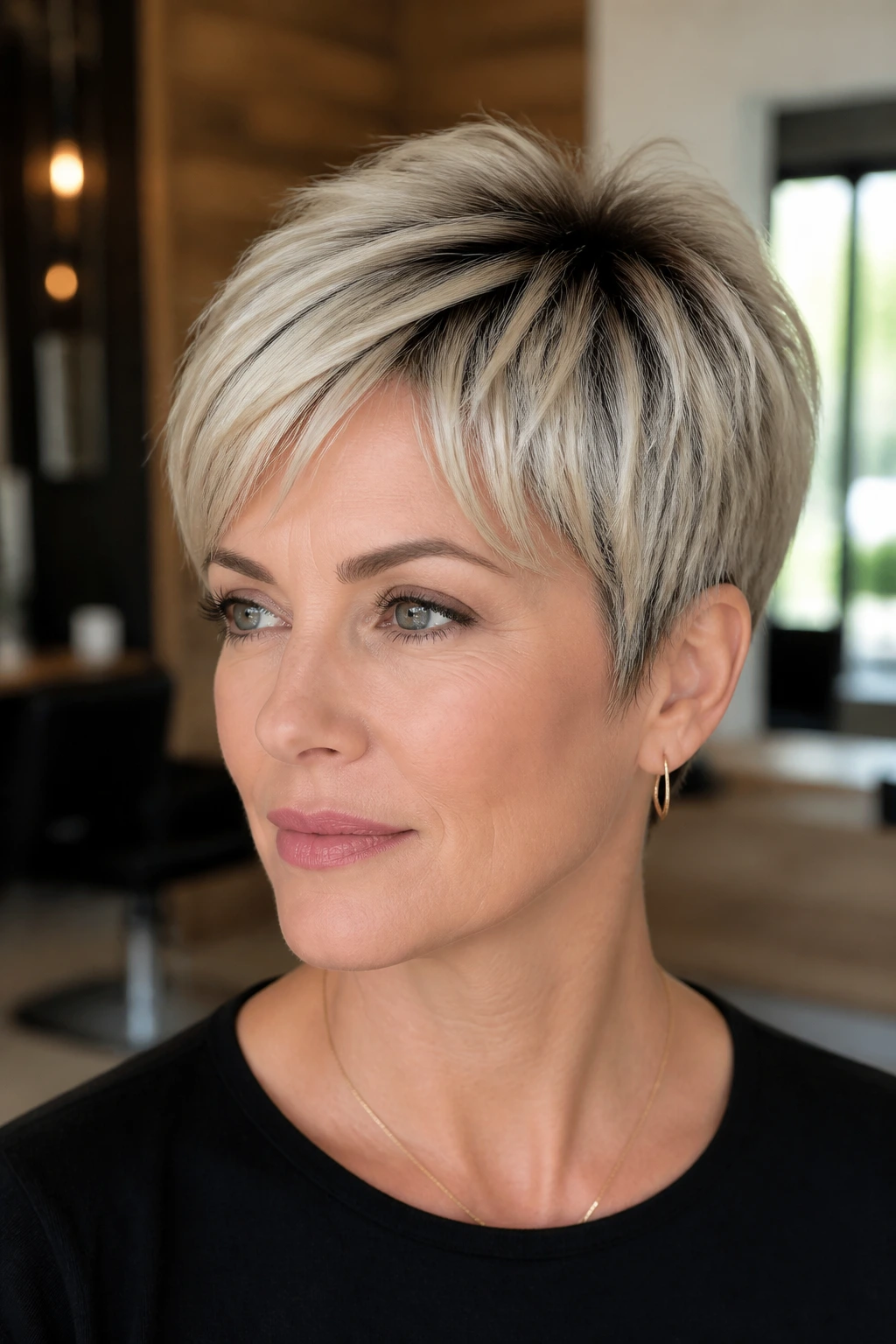 Close-up of a real woman with a shadow-root blonde pixie