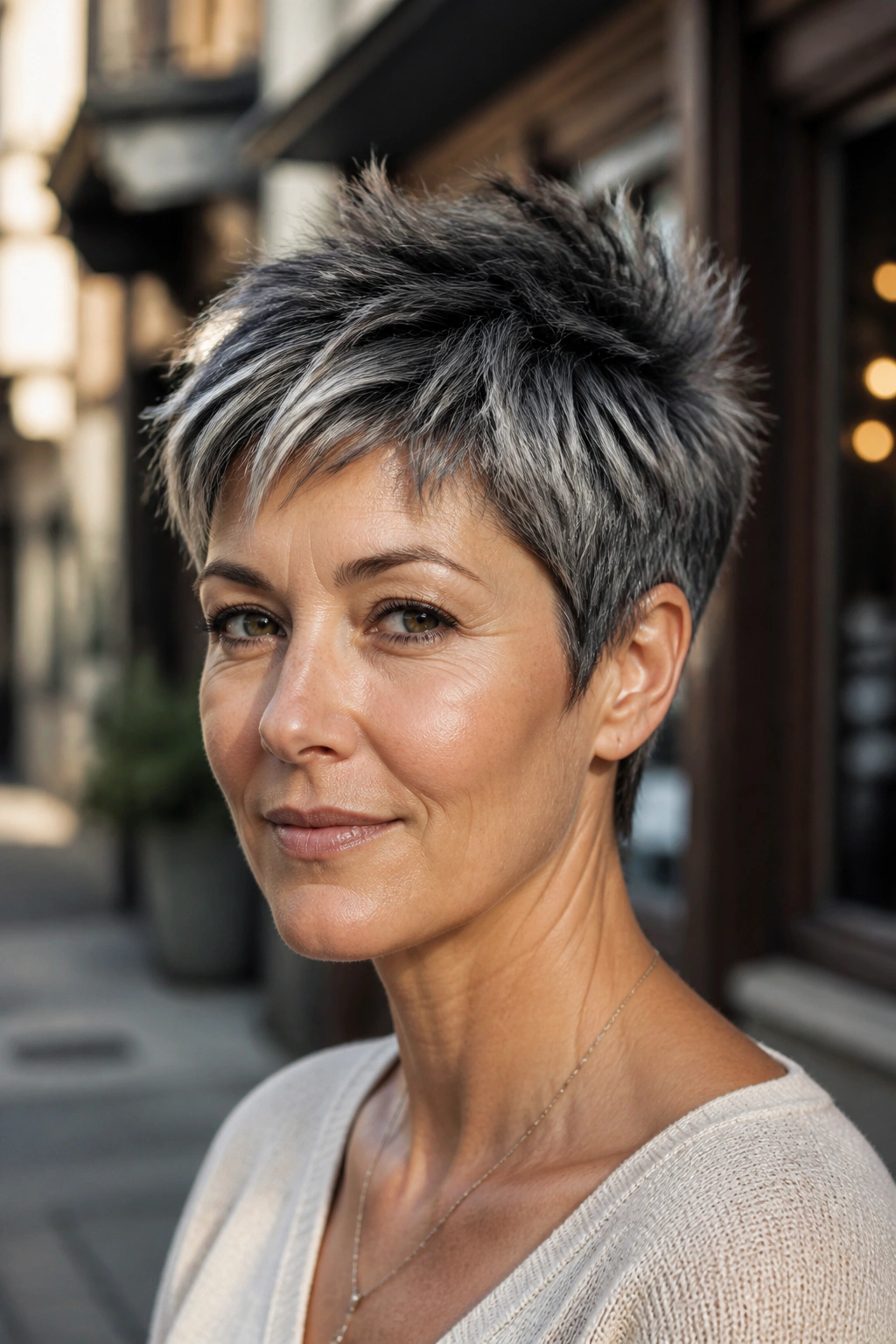 Close-up of a real woman's shadow-root pixie with deep ink roots and grey tips
