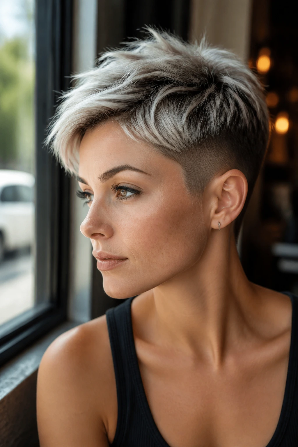 Close-up portrait of a platinum pixie with tapered sides and shadow root.