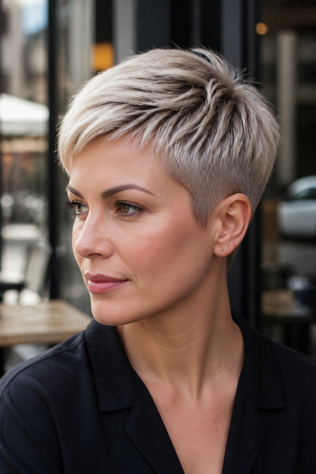 Portrait of a real woman with a shadow-root platinum crop and tapered sides.