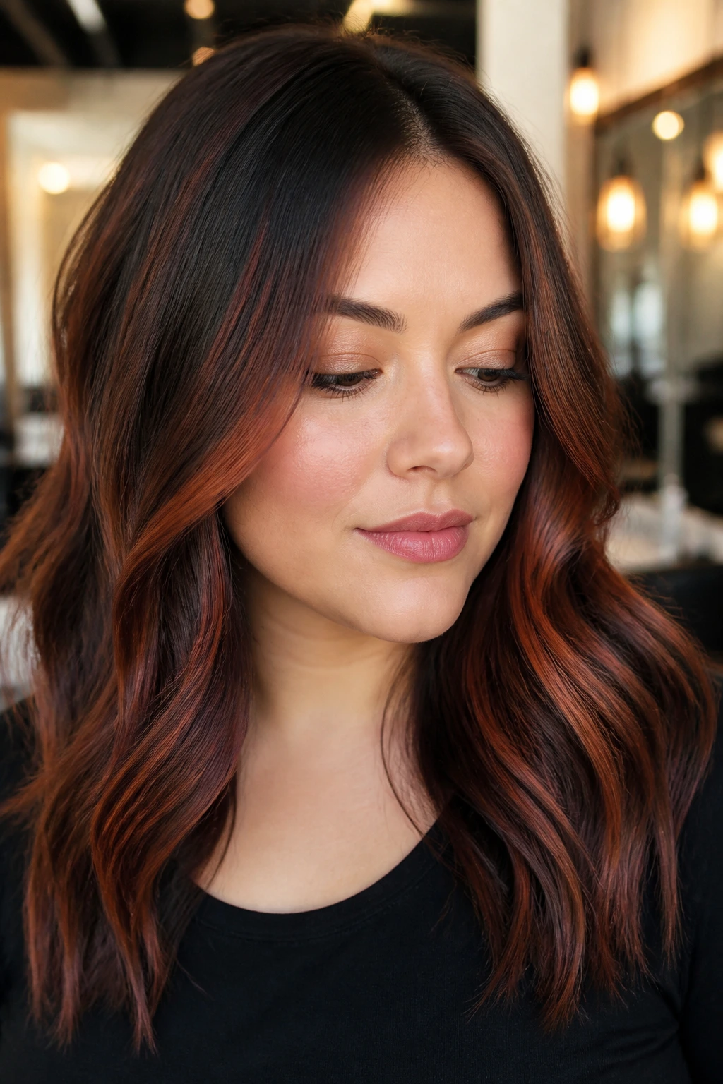 Close-up of a woman with red-brown highlights and a shadow root.