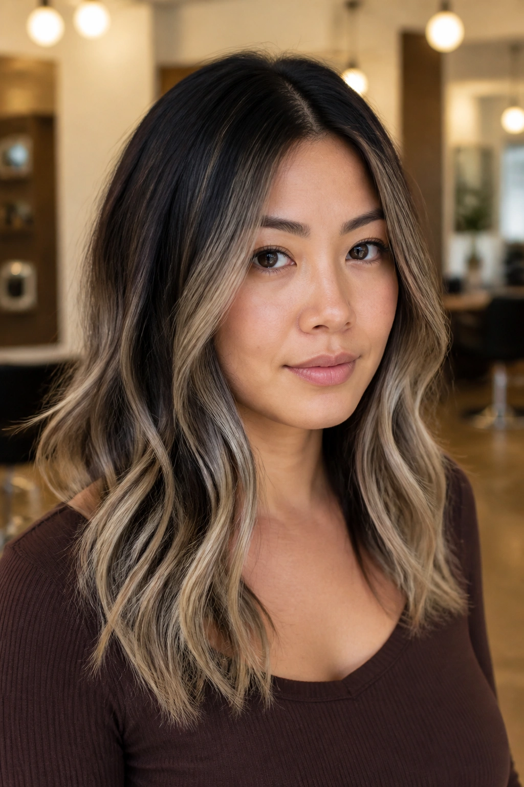 Portrait of a real woman with shadow root and black ribbons in mid-lengths