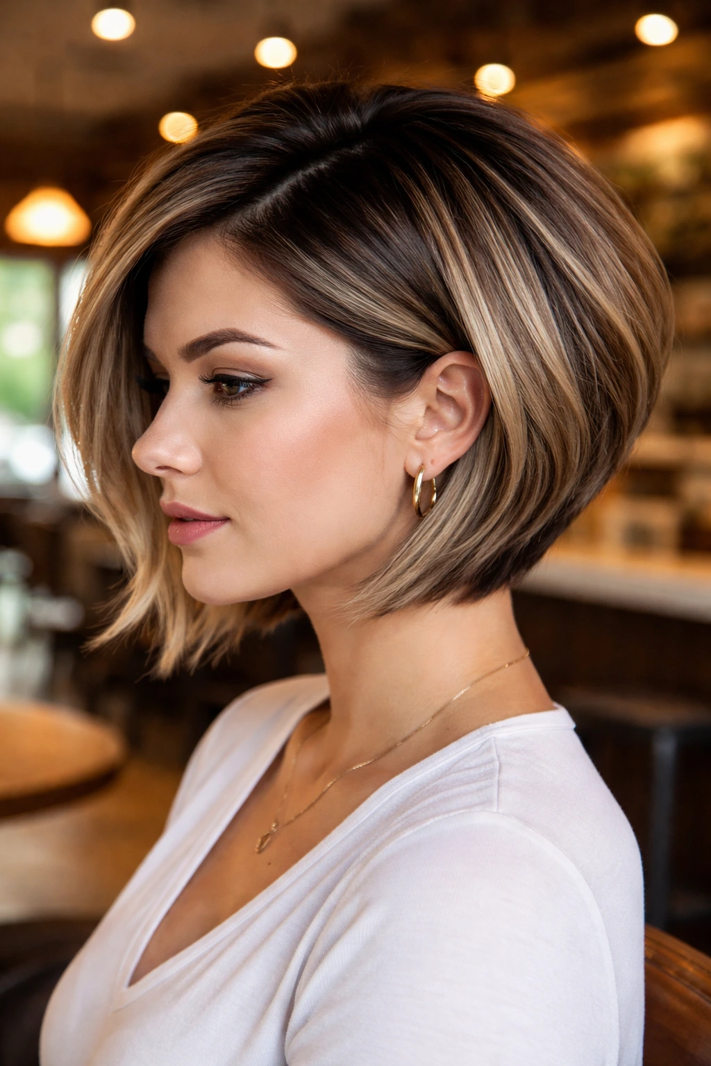 Close-up of a real woman with stacked bob and shadow roots in cafe interior