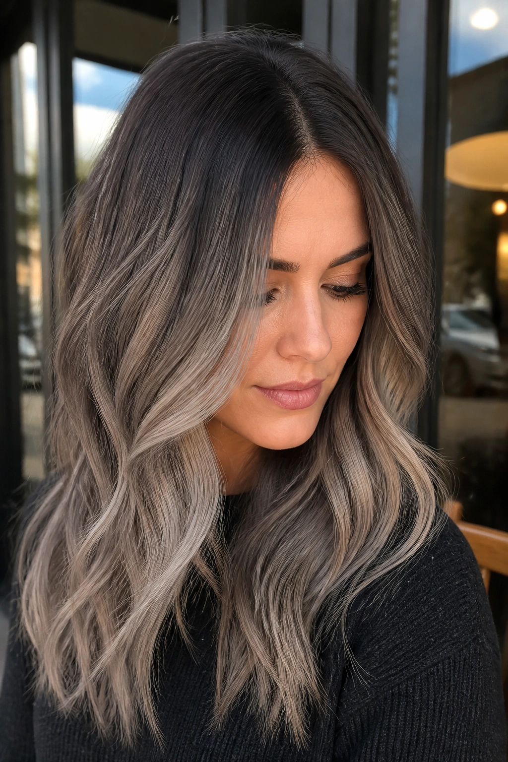 Portrait with cool taupe shadow root on brown hair