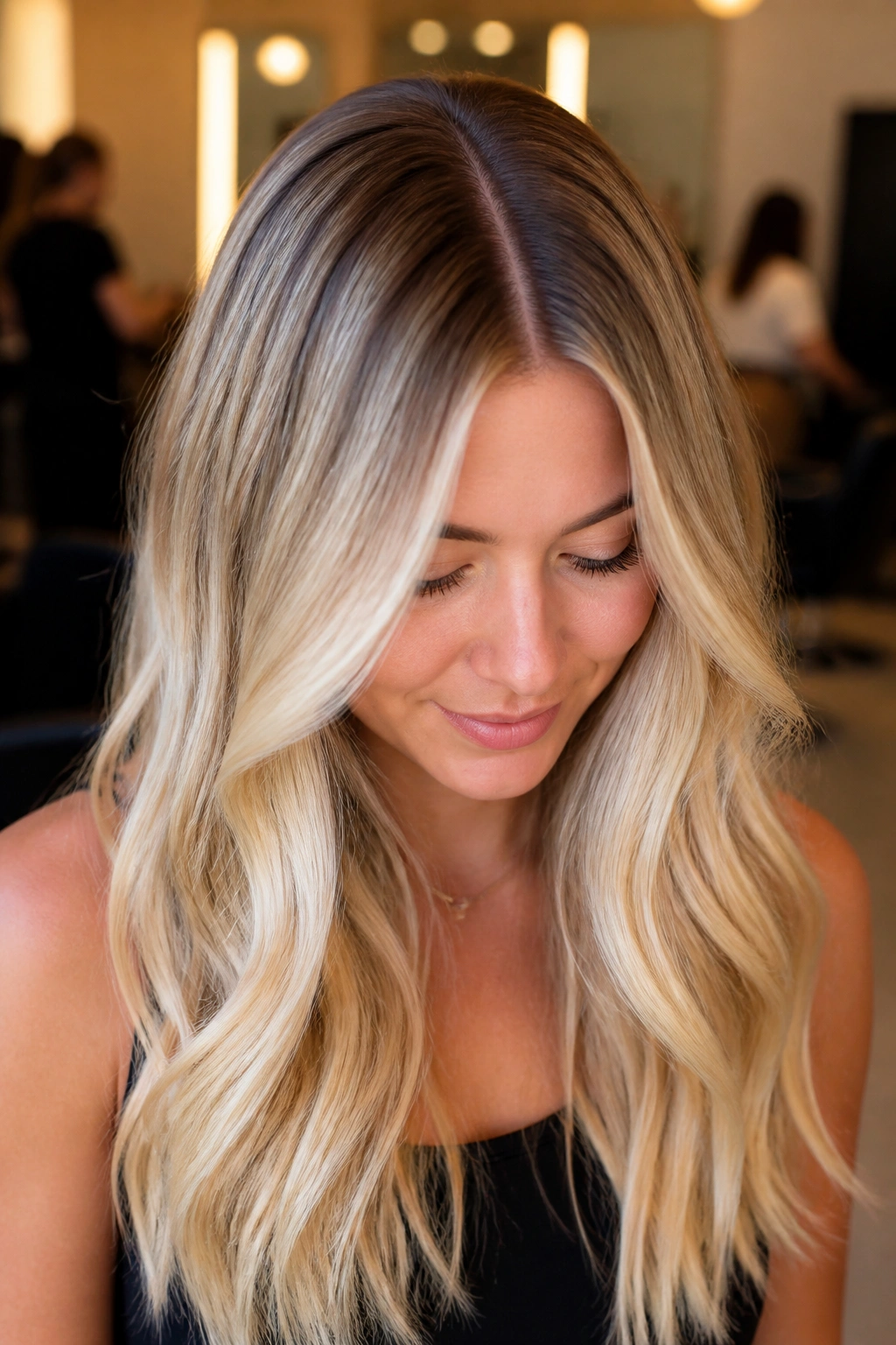 Close-up of shadow-root vanilla blonde with dark crown to light ends on a real person