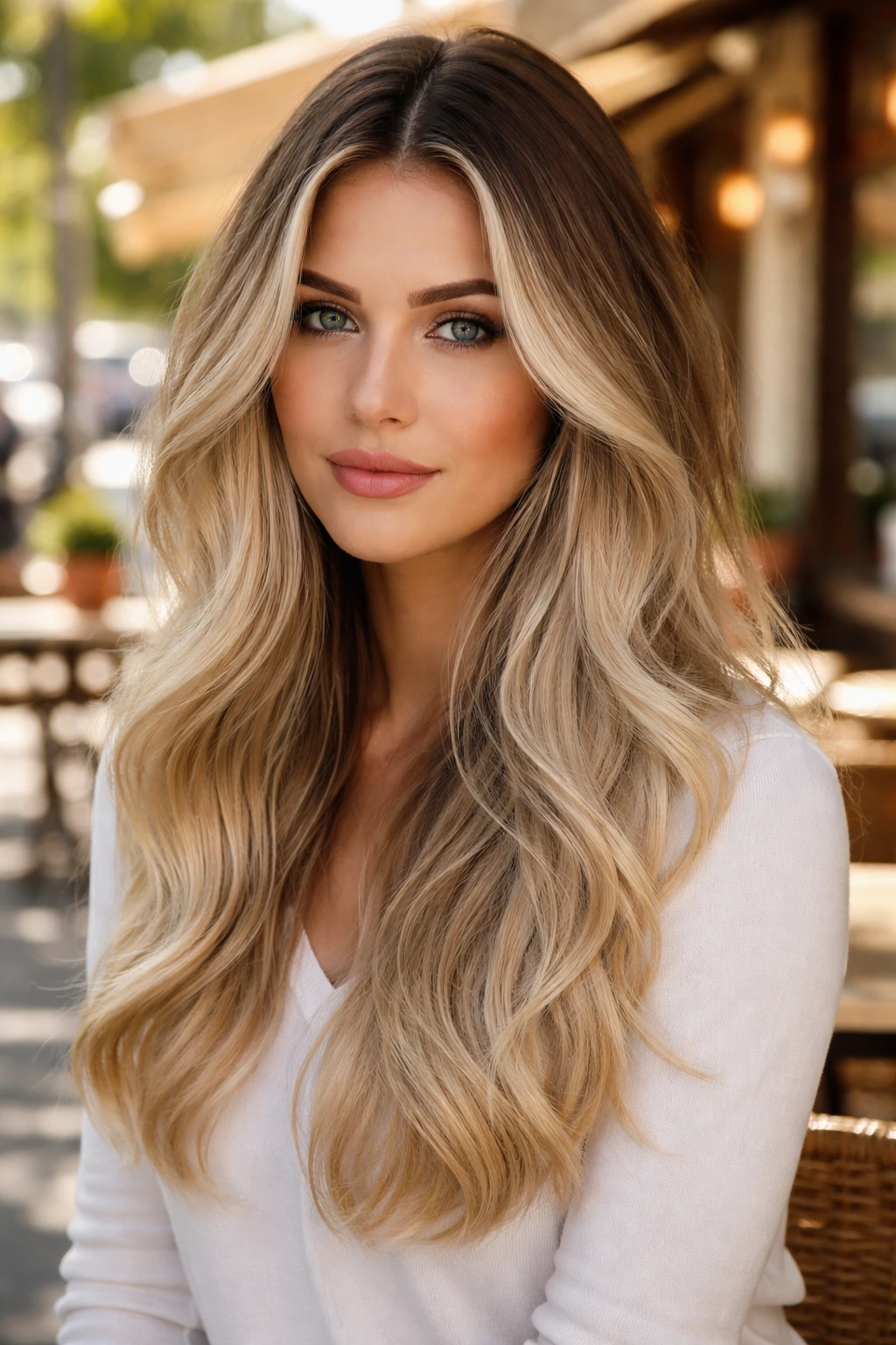 Close-up portrait of a real woman with shadow-root vanilla hair outdoors in daylight