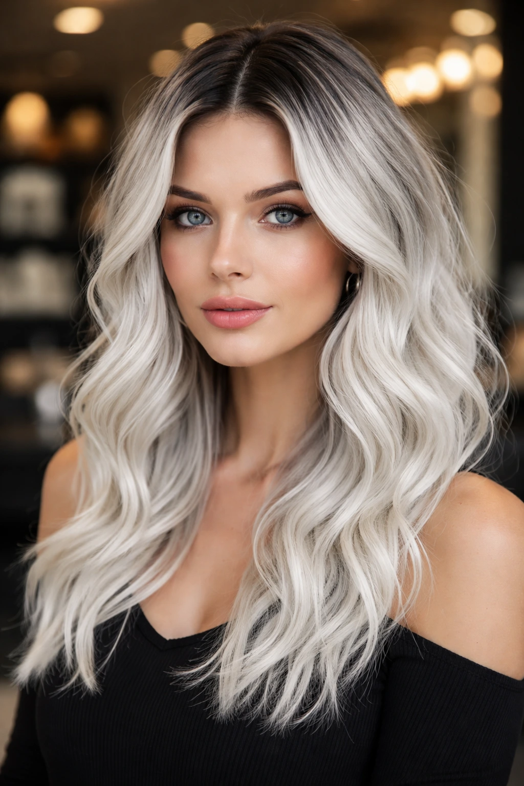 Close-up portrait of a person with shadow-root white hair showing gradient roots.