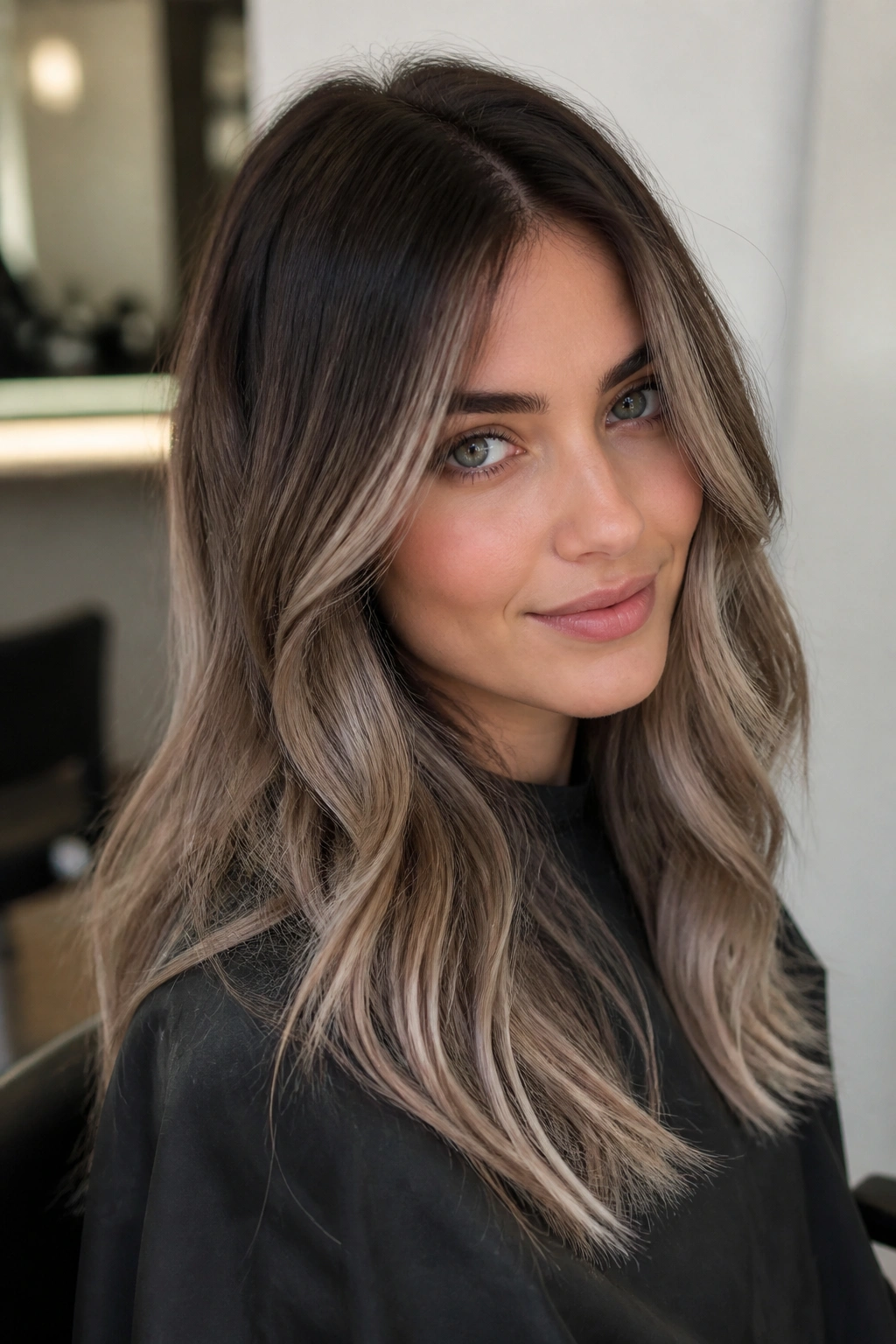 Close-up portrait of a real woman with shadow-rooted brunette hair