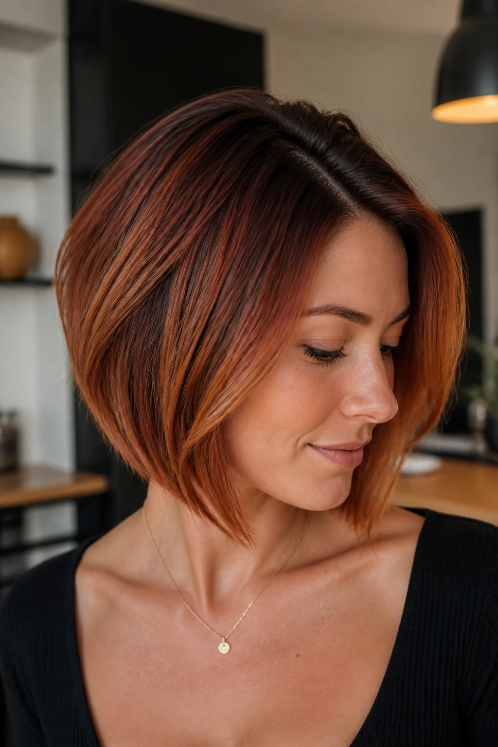 Close-up of a real woman with a bob and dark shadow roots at the scalp