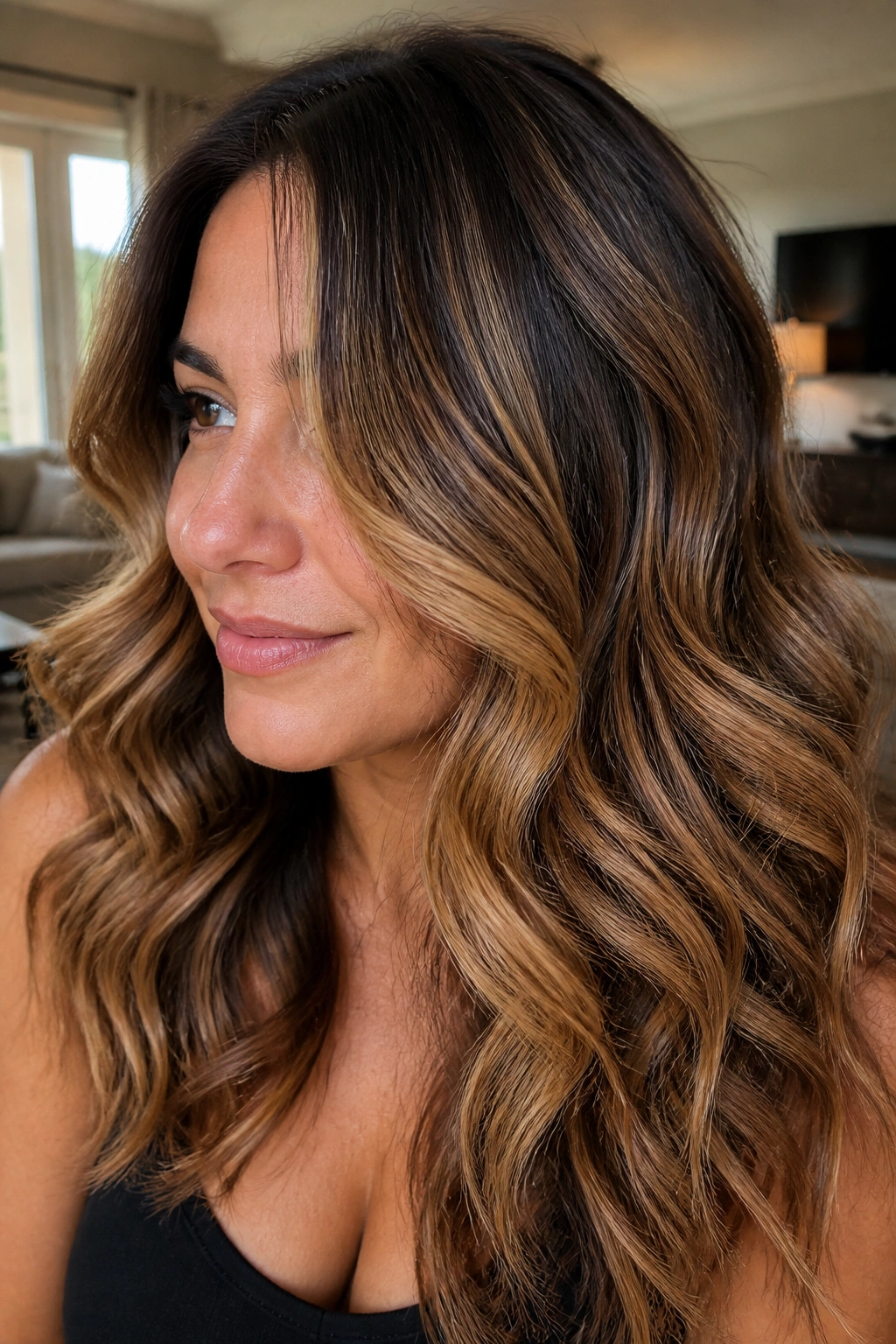 Portrait showing warm honey highlights with shadow roots on brown hair