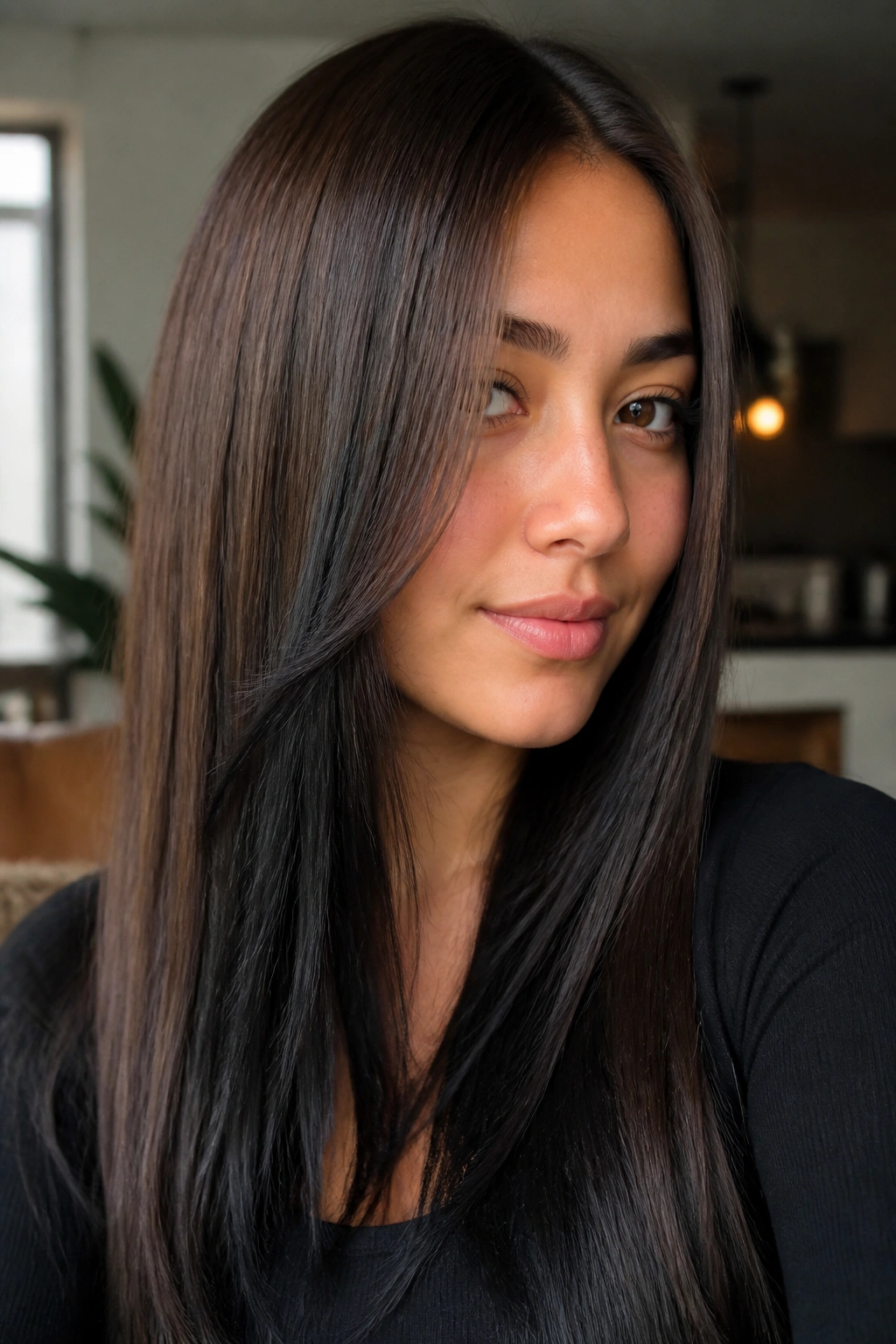 Portrait of a real person with straight brown hair featuring a narrow glossy black balayage veil from cheekbone to ends