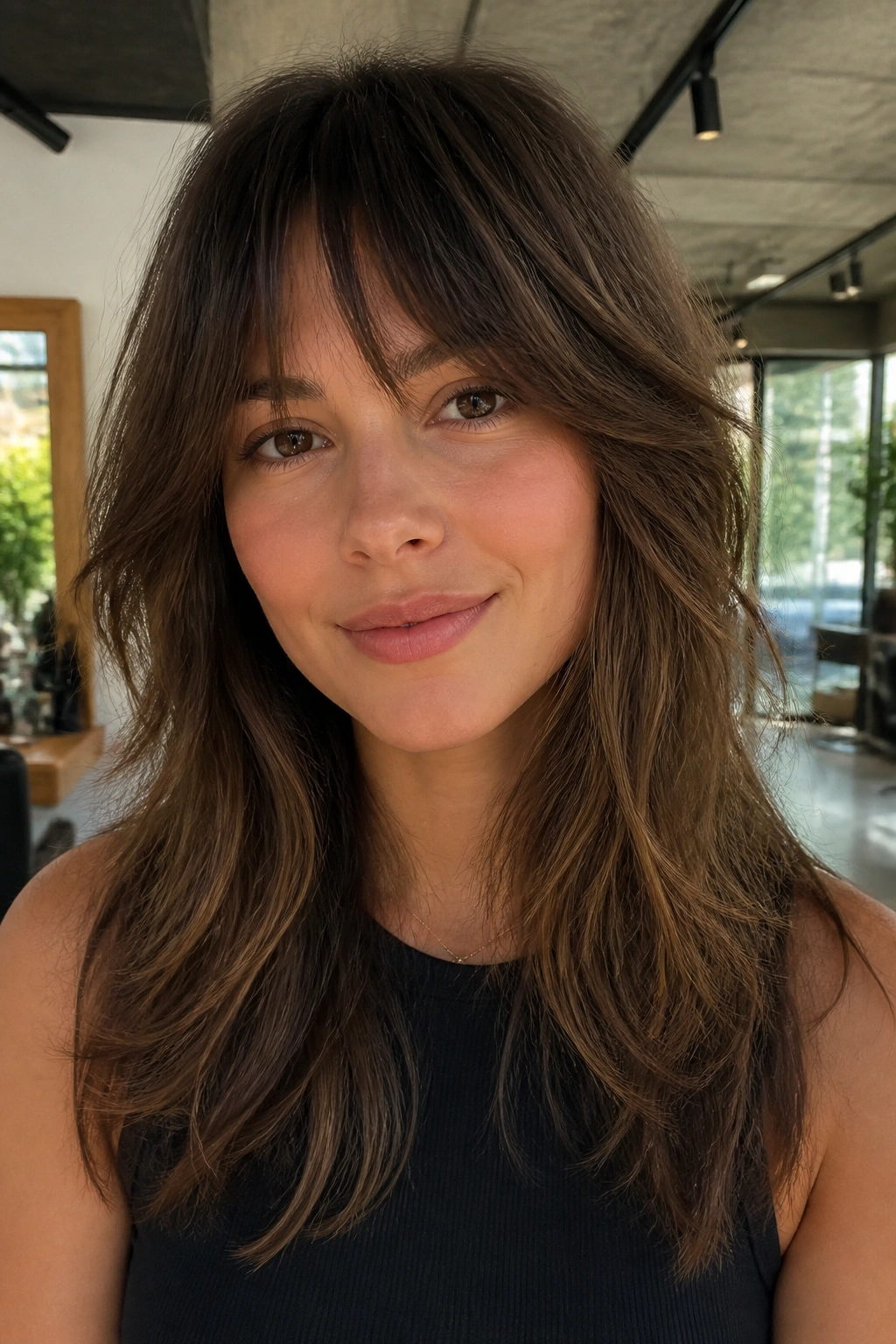 Close-up of a woman with shag bangs blending into layers