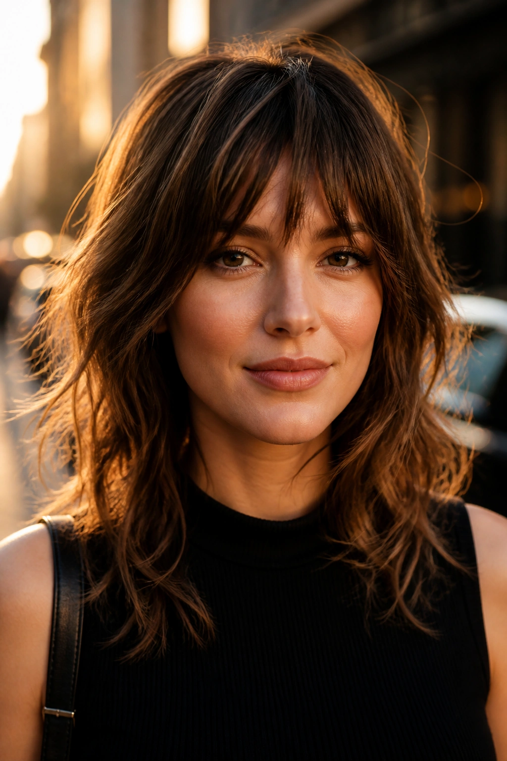 Close-up of a real woman with shag bangs and choppy ends