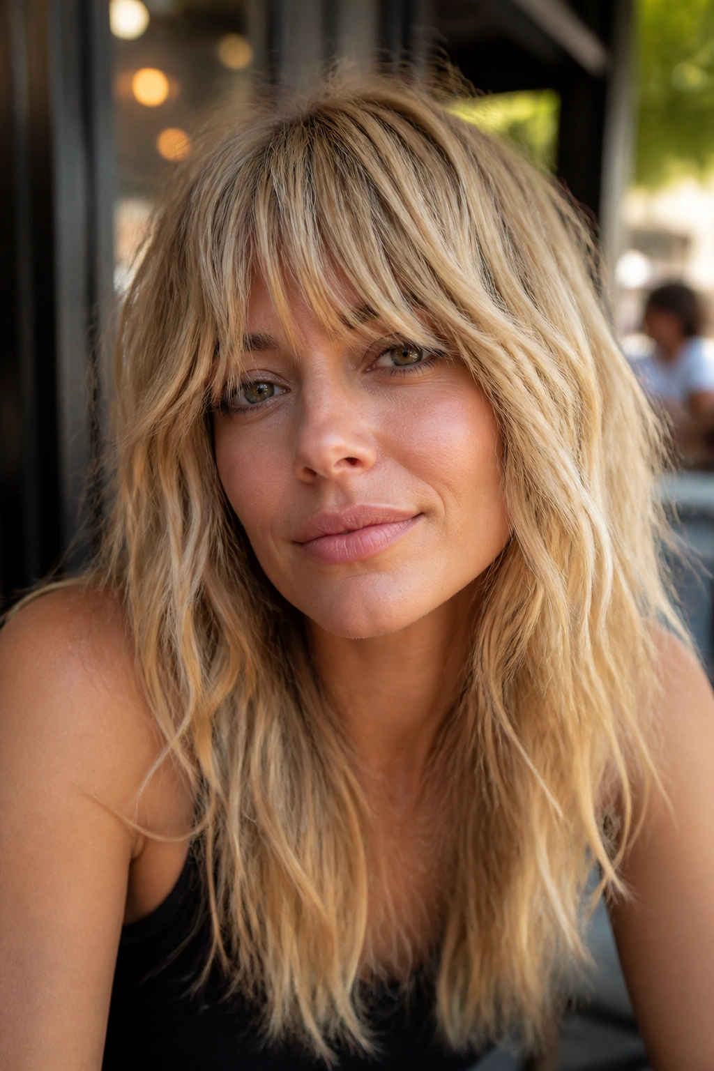 Portrait of a woman with shag bangs in a lived-in blonde outdoors