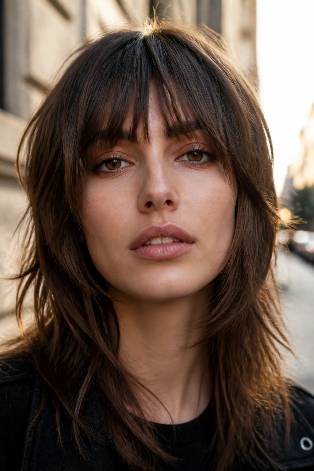 Close-up portrait of a woman with shag bangs on an urban street