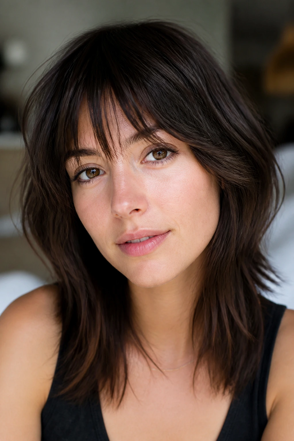Close-up of shag bangs with soft, choppy texture on a real woman