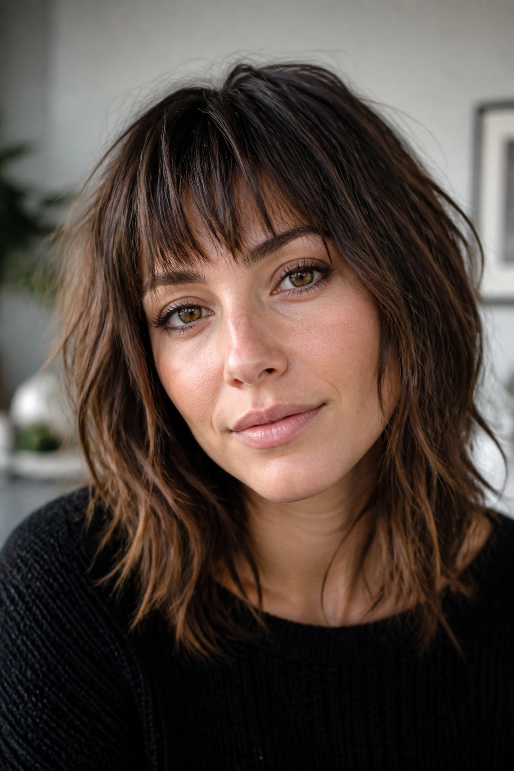 Real woman with shag bangs and choppy texture under window light