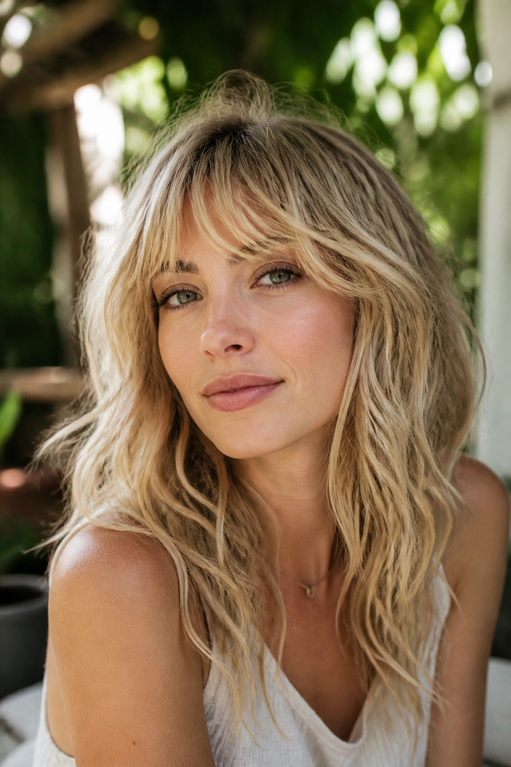 Close-up of a real woman with shag bangs and natural waves.