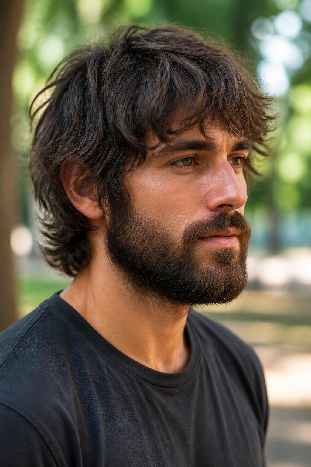 Close-up portrait of a bearded man with beard-friendly shag blending into his beard.