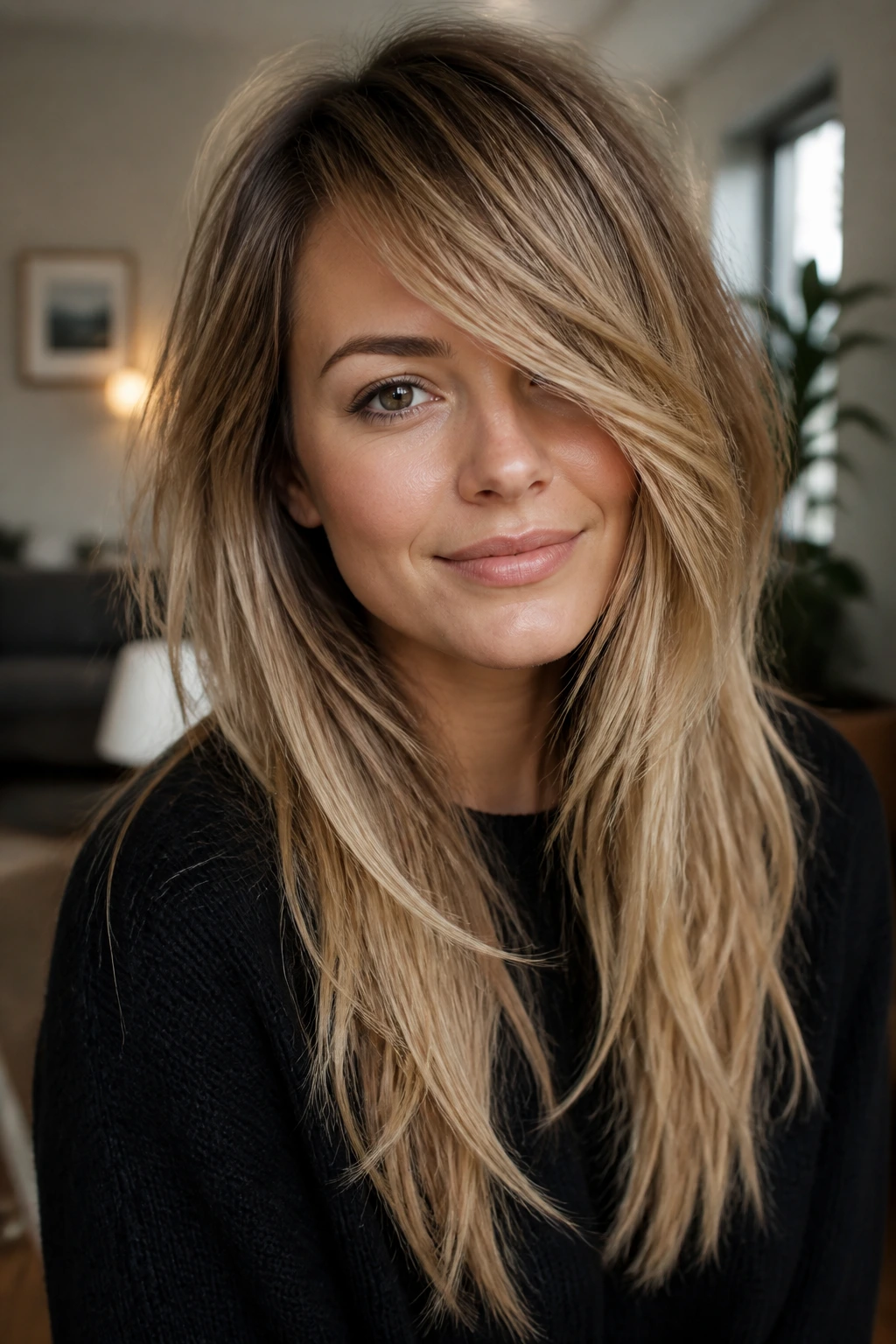 Close-up portrait of a real woman with deep side-swept shag and long front pieces in warm blonde balayage