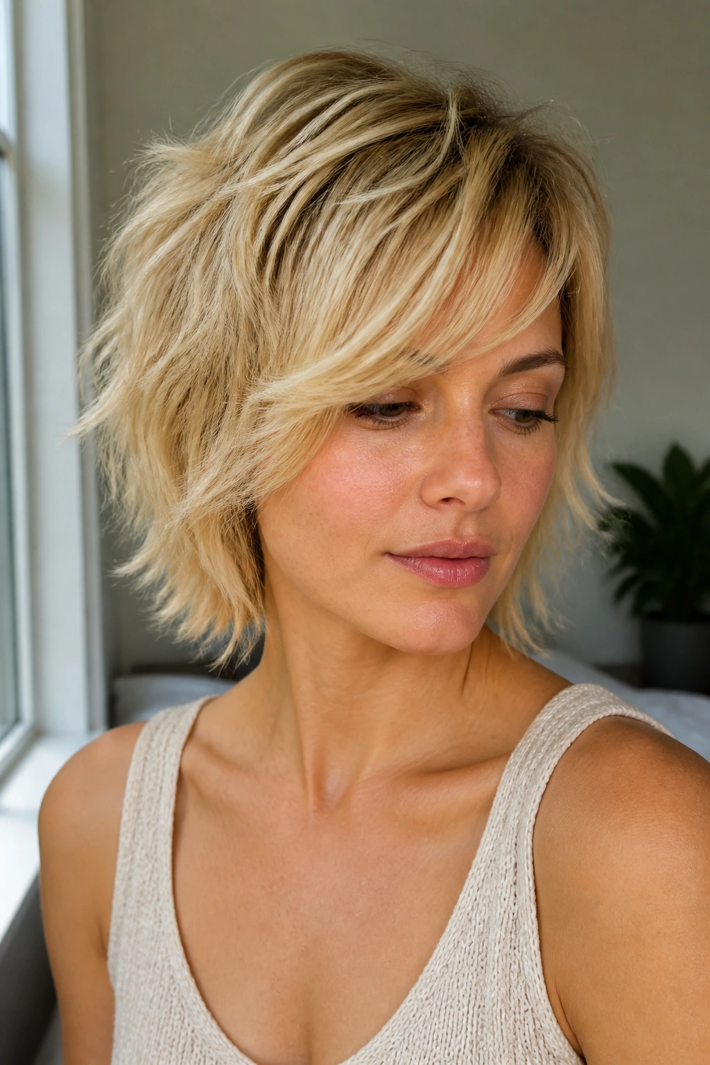 Close-up of a real woman with tousled blonde shag and airy side fringe in natural window light