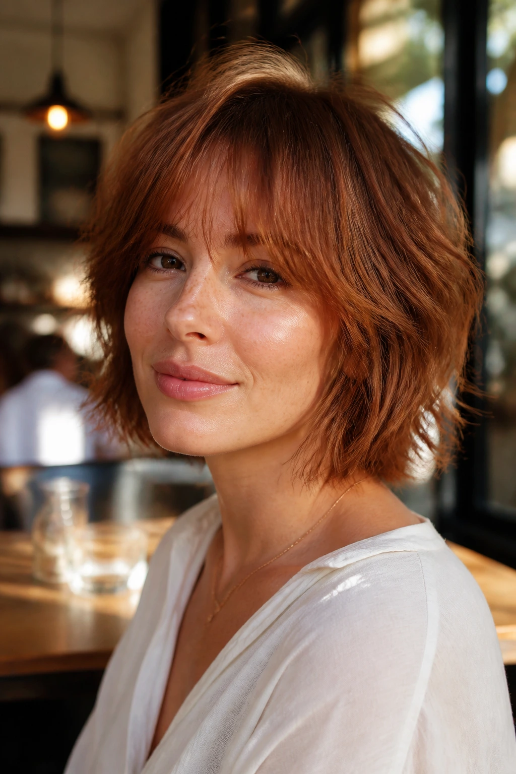 Medium close-up real woman with grown-out shag bob in cinnamon auburn