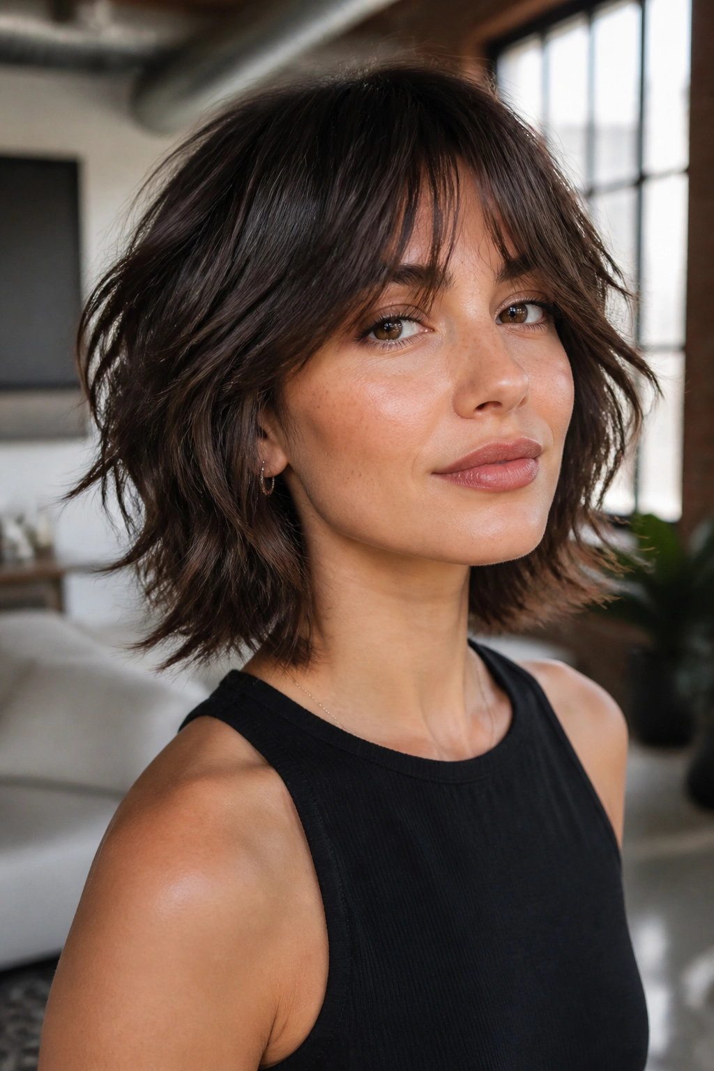 Close-up portrait of a real person with a shag bob and curtain bangs in a soft loft setting.