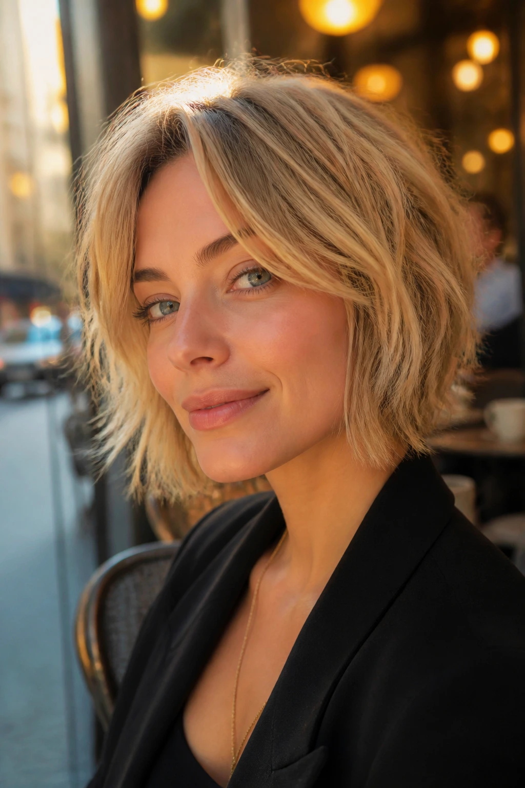 Close-up portrait of real woman with jaw-skimming honey blonde shag bob in warm light.