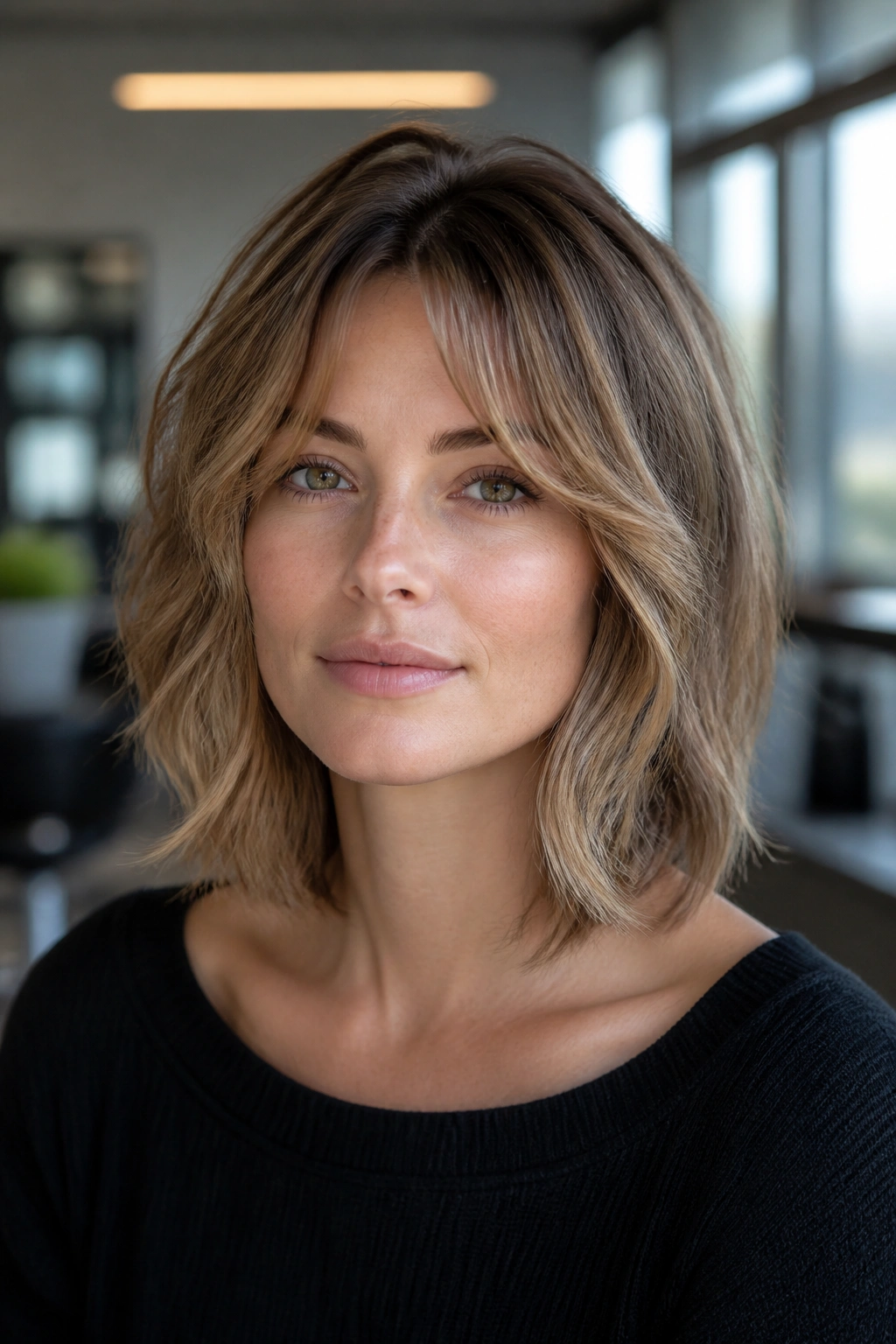Real woman with collarbone-length shag-bob hybrid