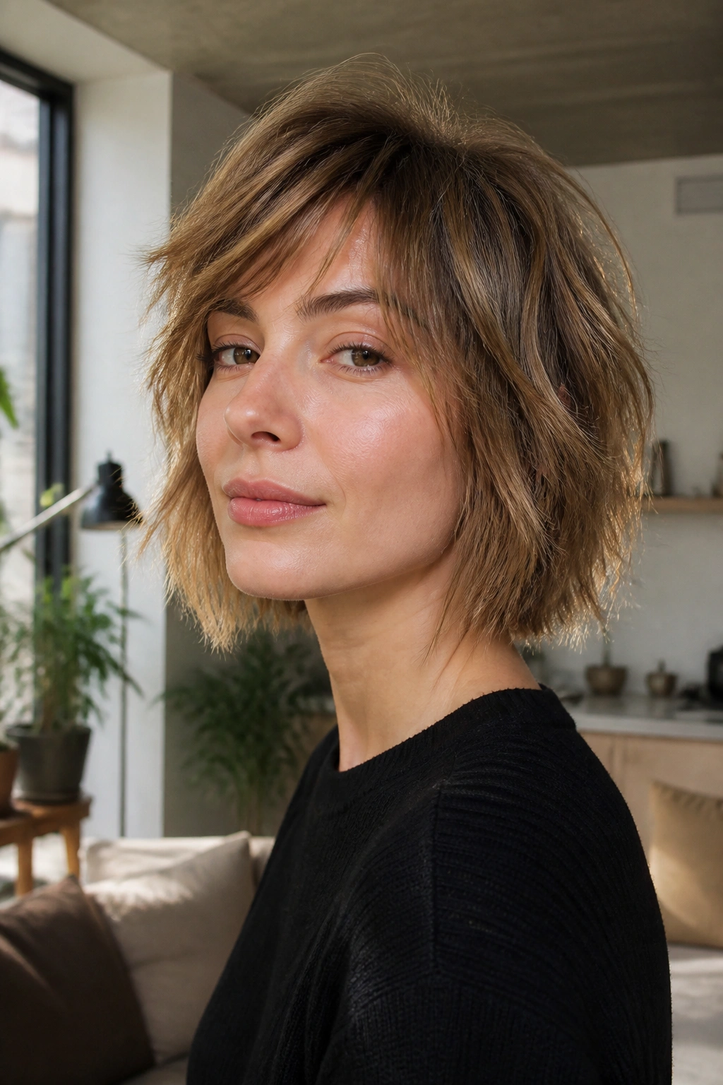 Portrait of a woman with shag-bob hybrid for fine hair