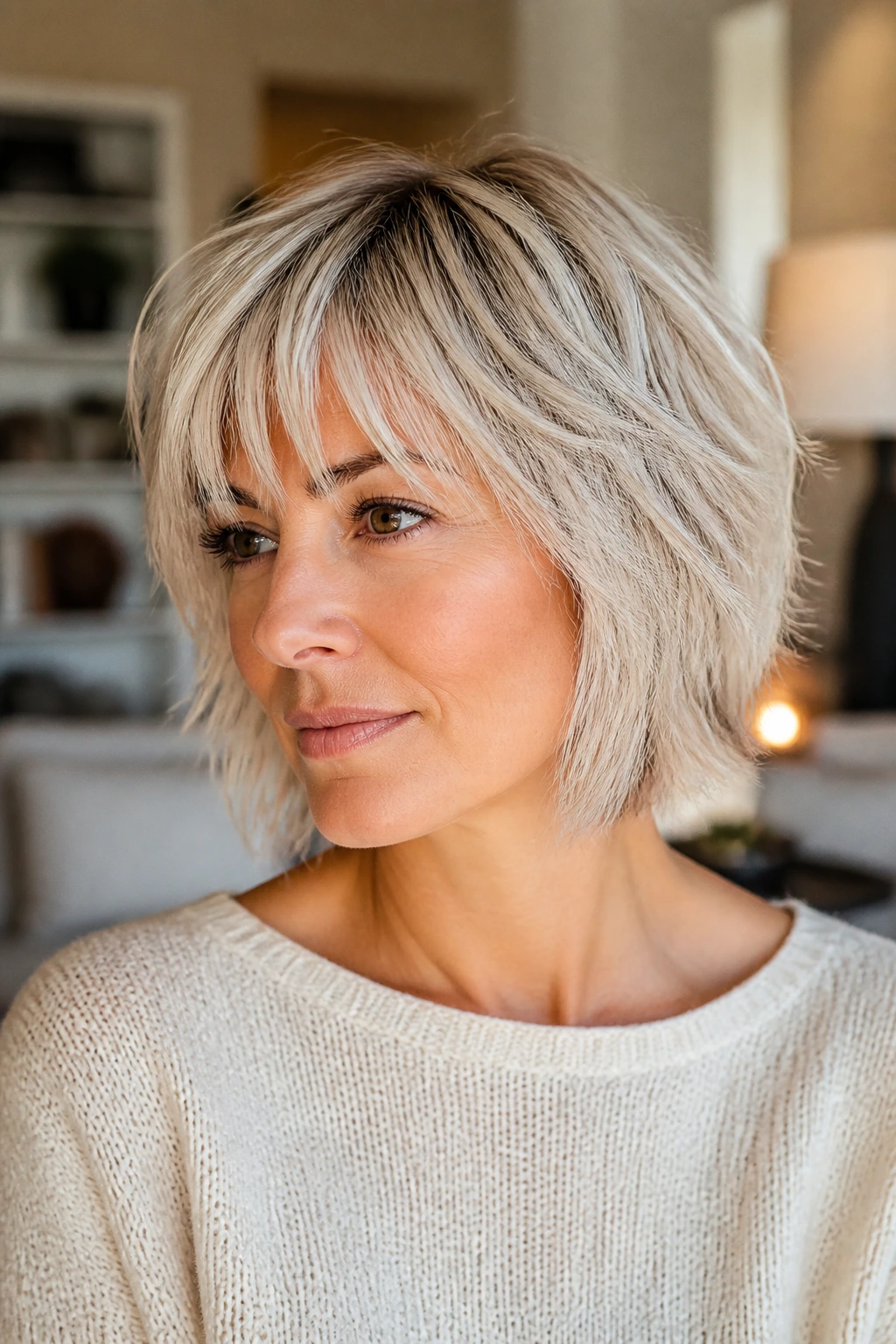 Close-up portrait of a real woman with a shag-bob hybrid hairstyle in warm daylight