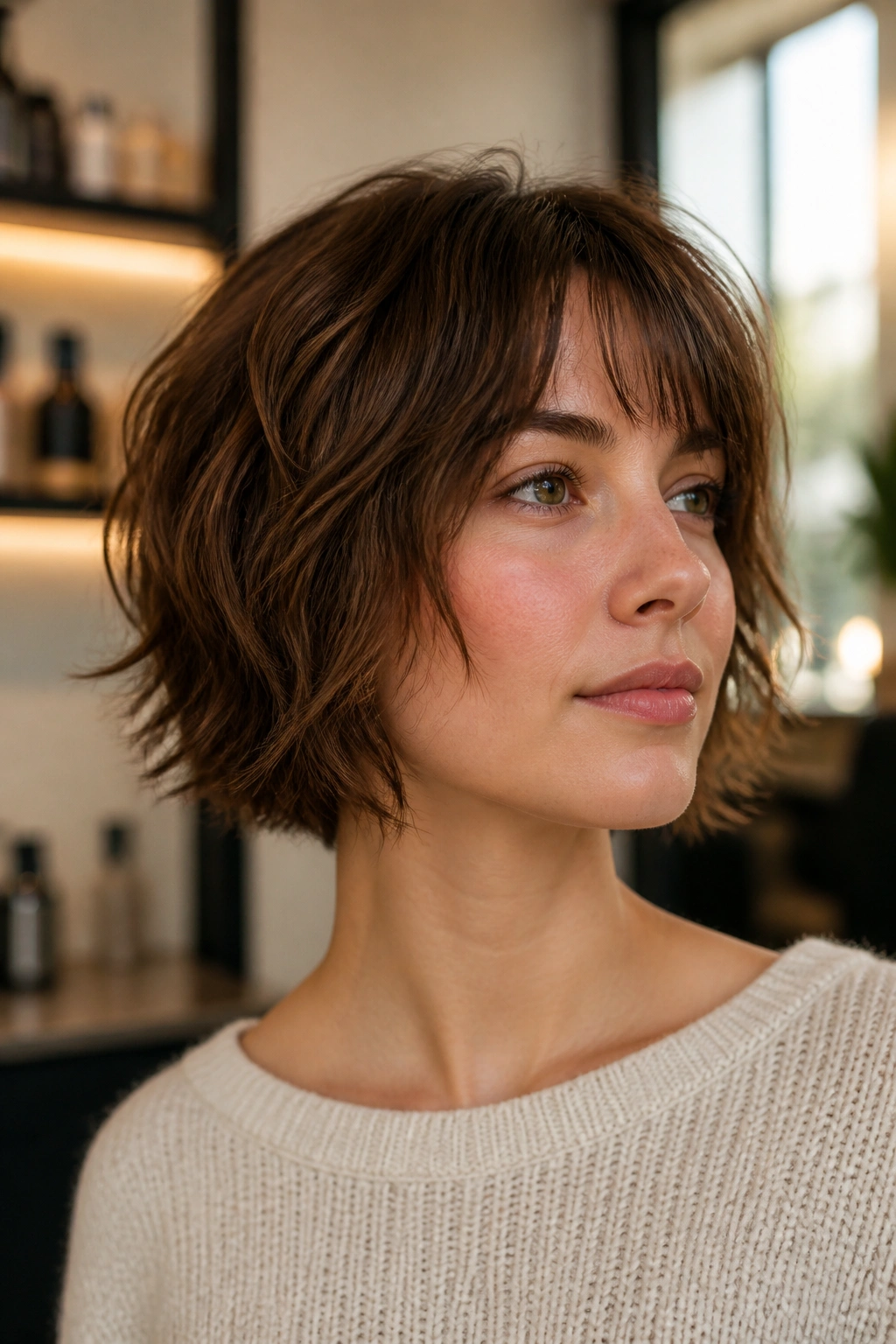 Close-up of real woman with a Shag Bob With Choppy Perimeter, chin-length with choppy ends in soft salon light