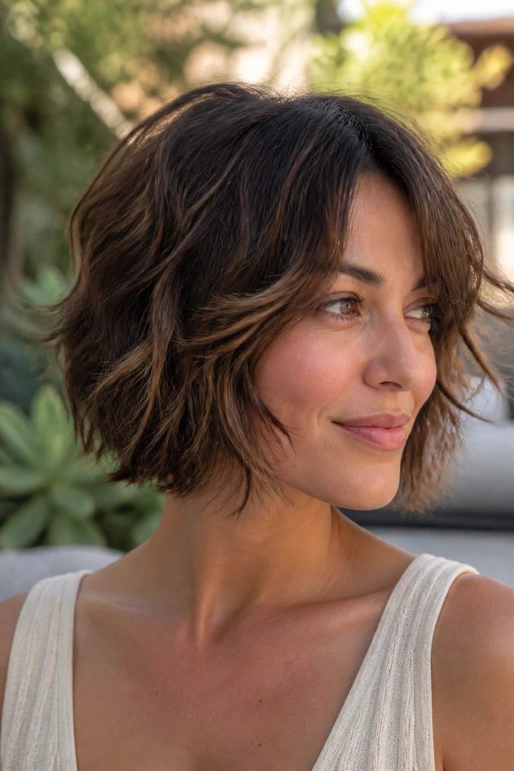 Close-up of a real woman with shaggy shag bob and piecey ends in golden-hour outdoor light