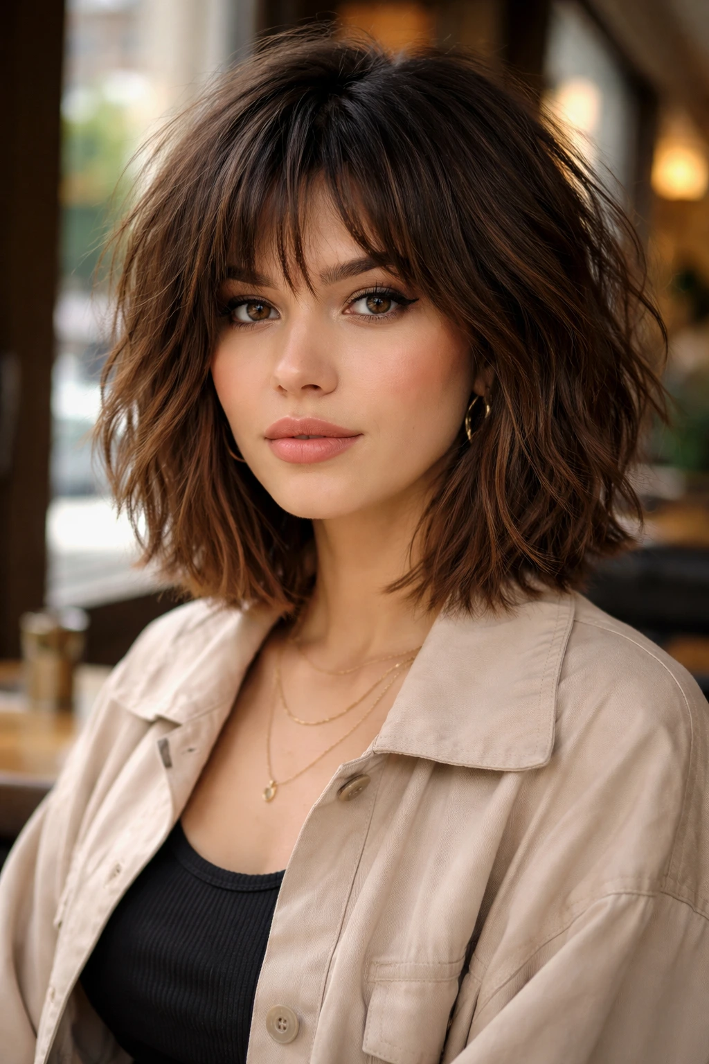 Close-up portrait of a real person with a choppy shag-inspired bob showing textured layers.