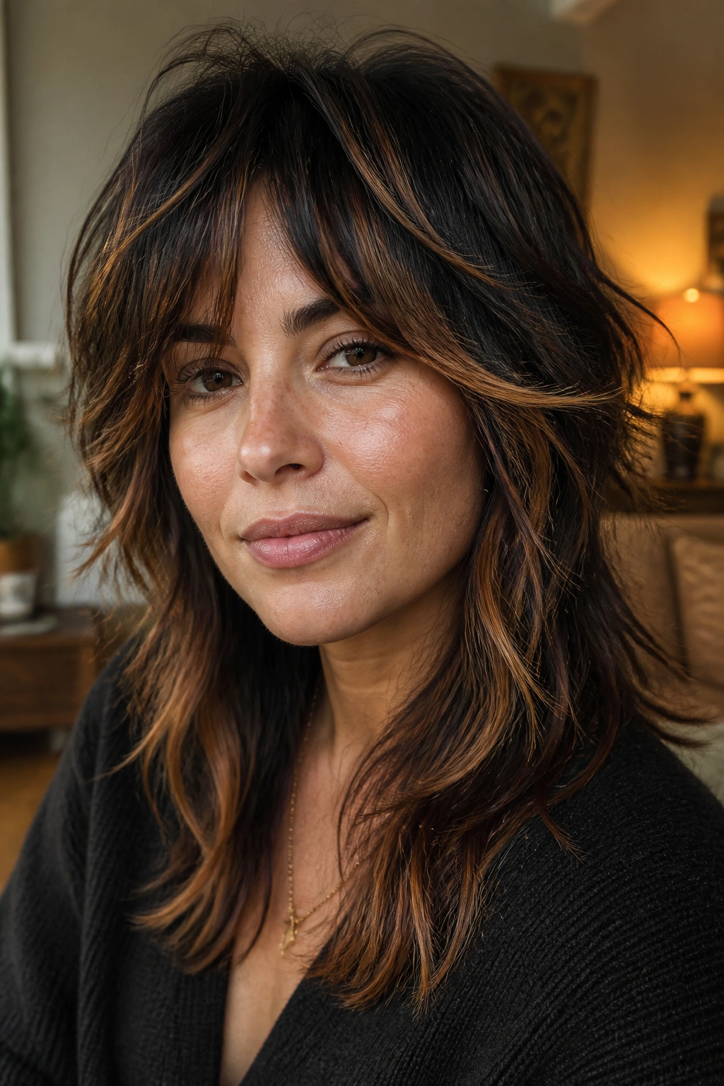 Portrait of a real woman with textured shag and scattered caramel pieces around the face.