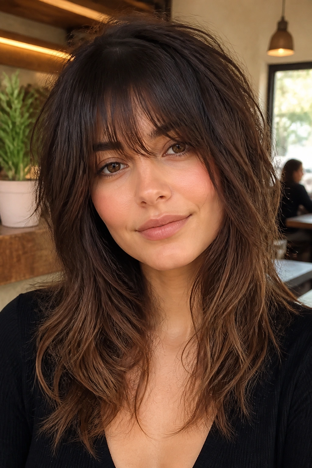Real woman with chocolate brown shag hairstyle in a sunny cafe setting