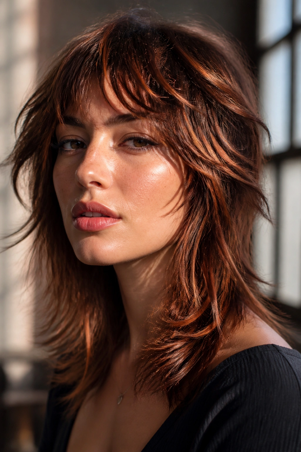 Close-up of a real woman with a shag cut featuring copper ribbons.