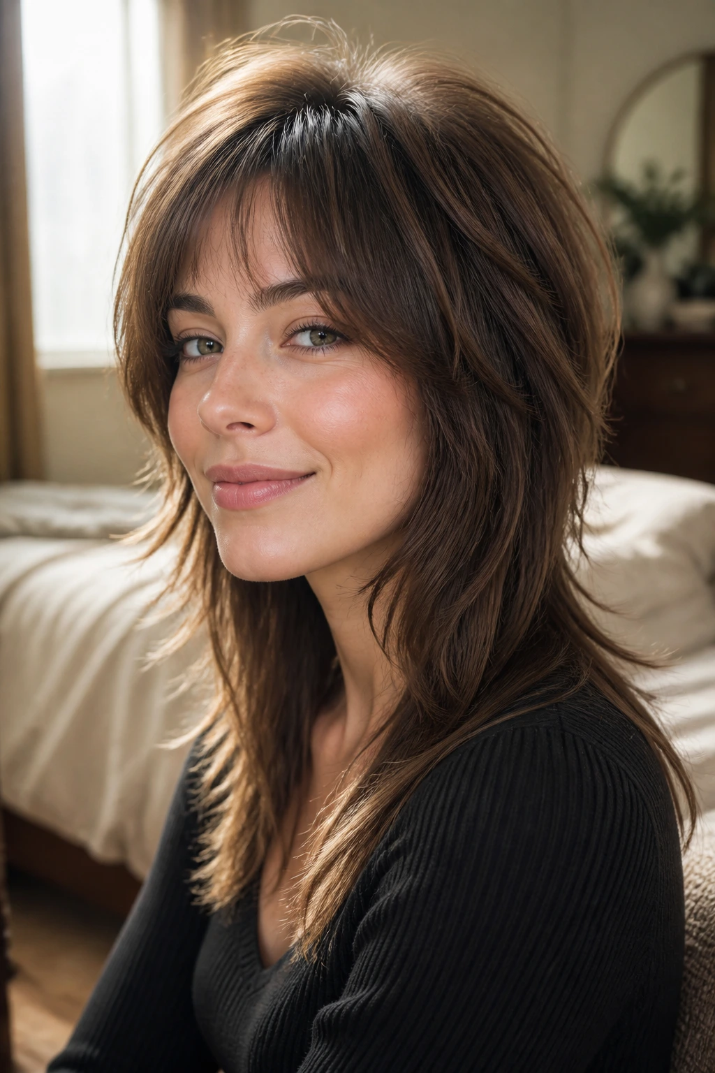 Close-up of a real woman with shag crown volume and slim ends